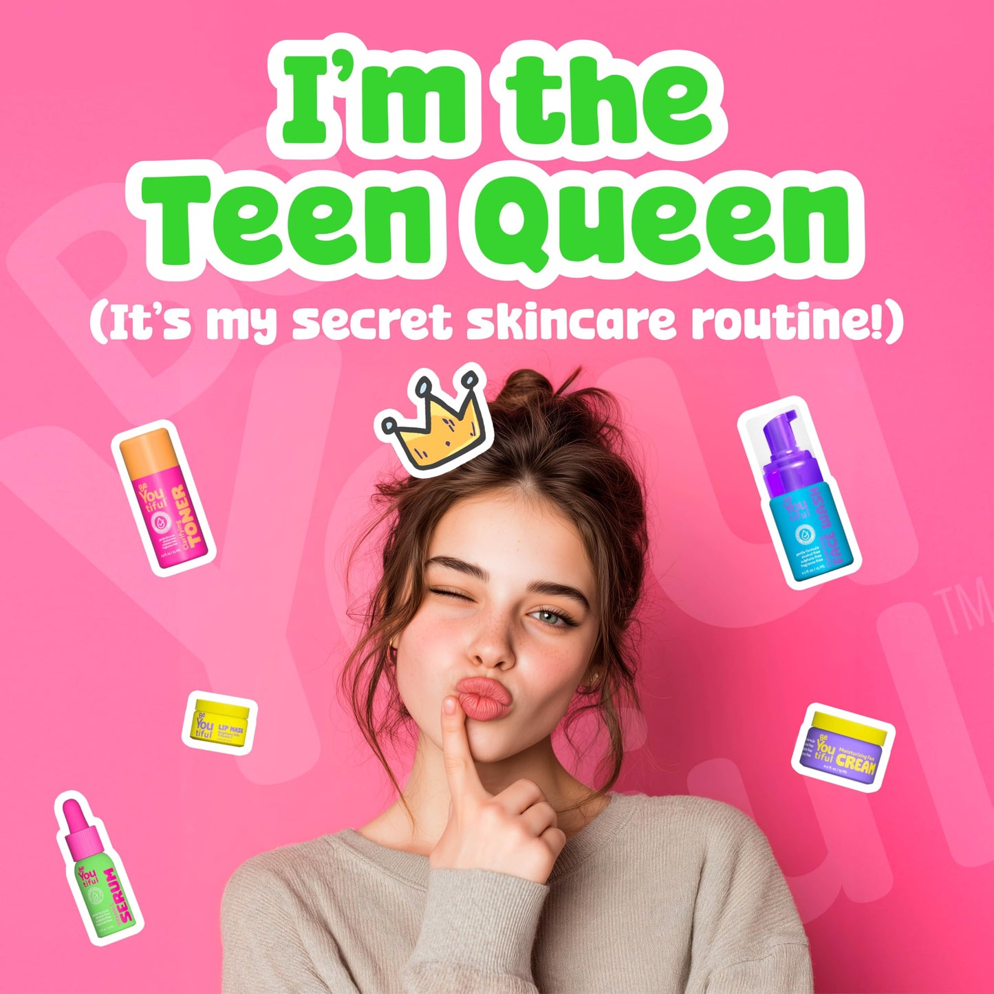 BeYoutiful Skin Care Gift Set for Teens, BFF Regimen 5-Piece kit for Sleepovers & Kids Skincare, Toner, Face Wash, Serum, Moisturizer Lotion & Lip Mask, Vegan, Cruelty-Free