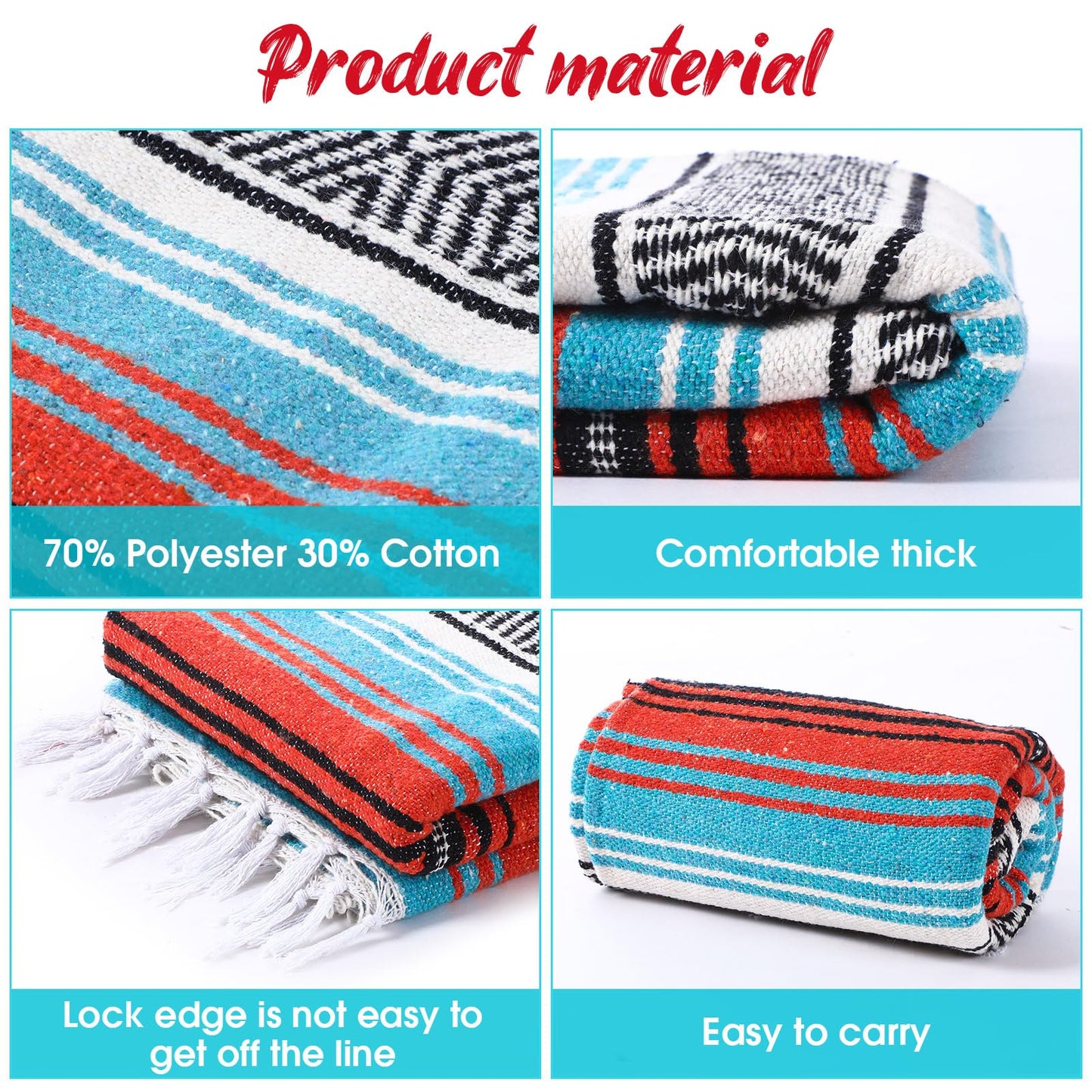 Oudain Mexican Blanket Woven Authentic Cotton Falsa Throw 45 x 70 Inch – Authentic Baja Serape Saddle Blanket Outdoor for Restorative Yoga, Beach, Picnic, Couch, Car Travel(Boho Festival)