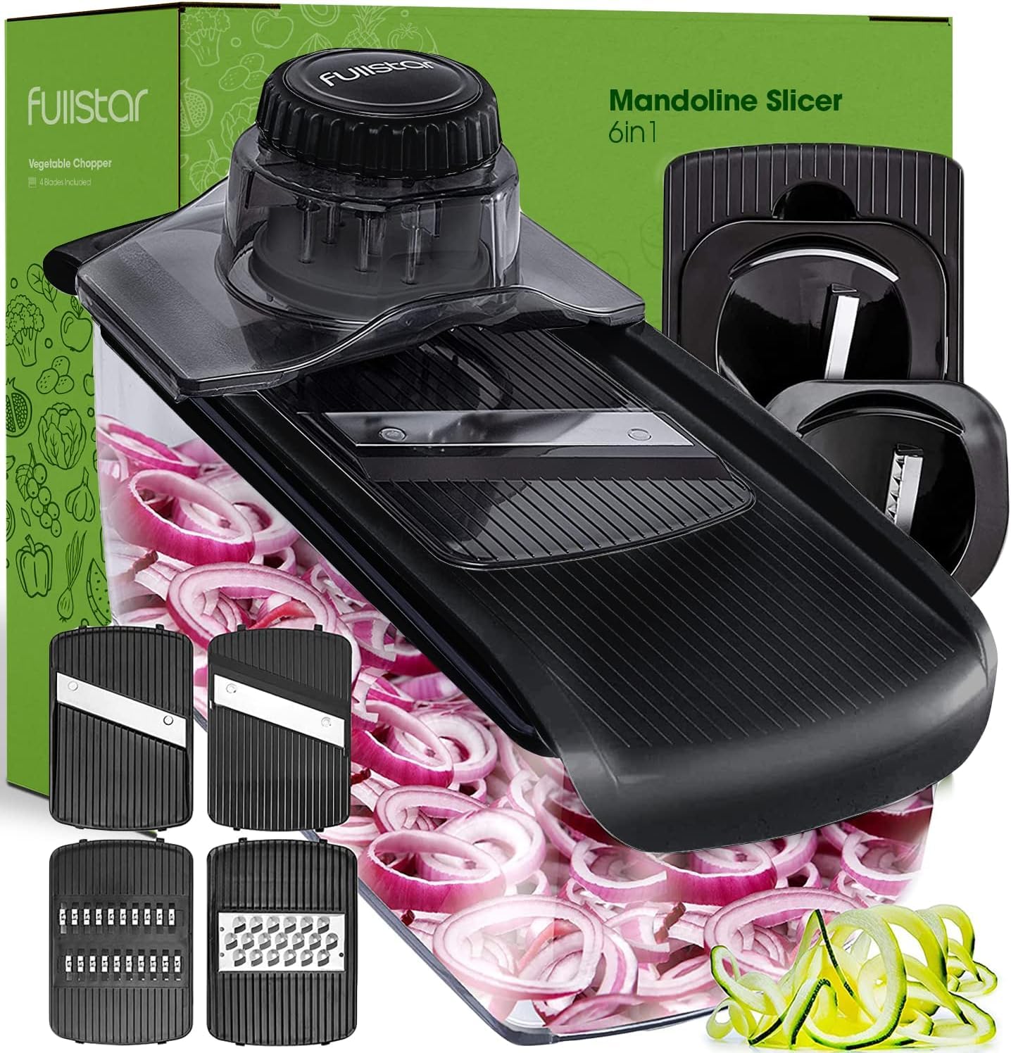 Fullstar Mandoline Slicer for Kitchen, Fruit Cutter, Cheese Grater, Cucumber Slicer, Veggie Spiralizer, Food Cutter & Kitchen Gadgets & Gifts with Safety Glove (6 in 1, Black)
