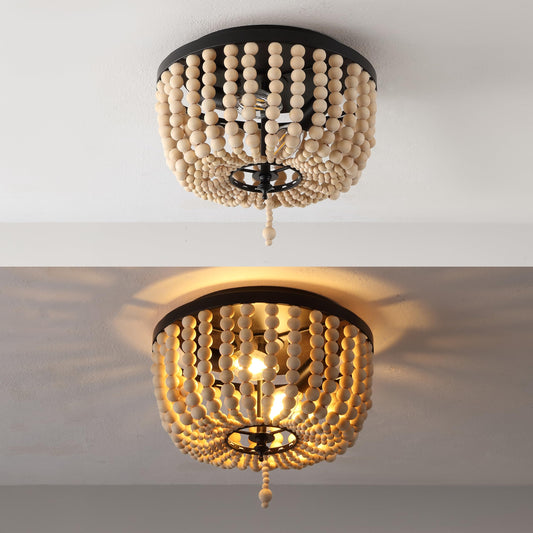 JONATHAN Y 10" Black/Cream Allison 2-Light LED Flush Mount Ceiling Light for Bedroom, Wood Beaded Shade Shabby Chic Farmhouse Rustic Decor, LED Bulbs Included (JYL9074B)