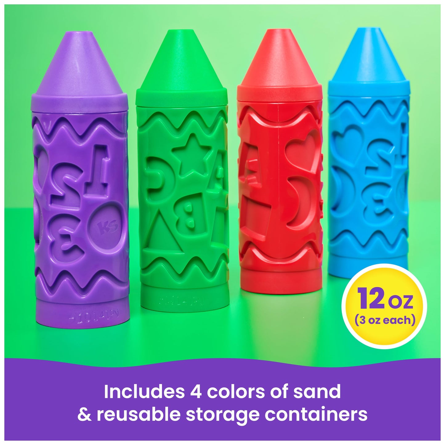 Kinetic Sand, Stamp N' Roll Crayon Multi-Pack with 12 oz Purple, Green, Blue & Red Play Sand, Toddler Toys, Arts and Crafts Kids Toys for Girls & Boys Ages 3 and up