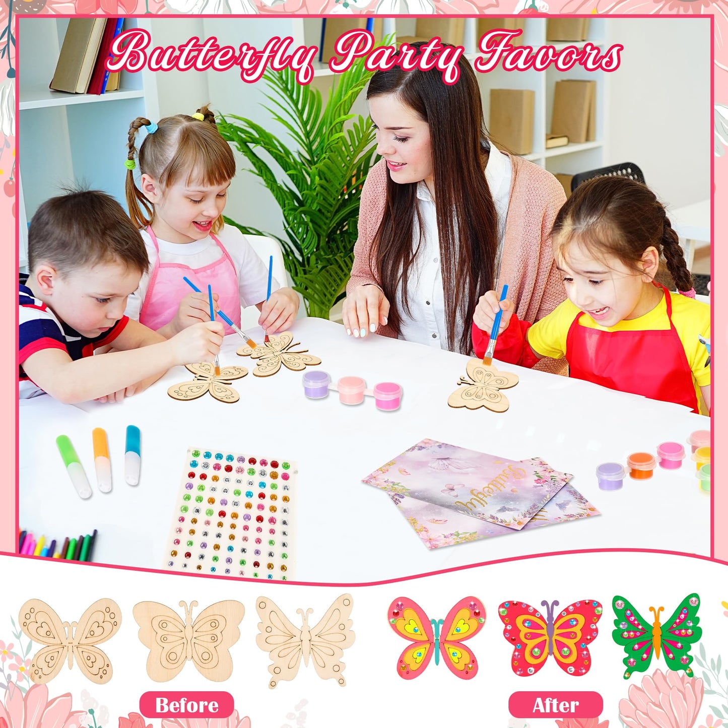 24 Pack Butterfly Party Favors - Non-Toxic Wooden DIY Butterflies Paint Craft - with Magnet Luminous Pen Diamond Sticker - Butterfly Birthday Party Supplies Goodie Bag Gift Prize for Kids Girl Toddler