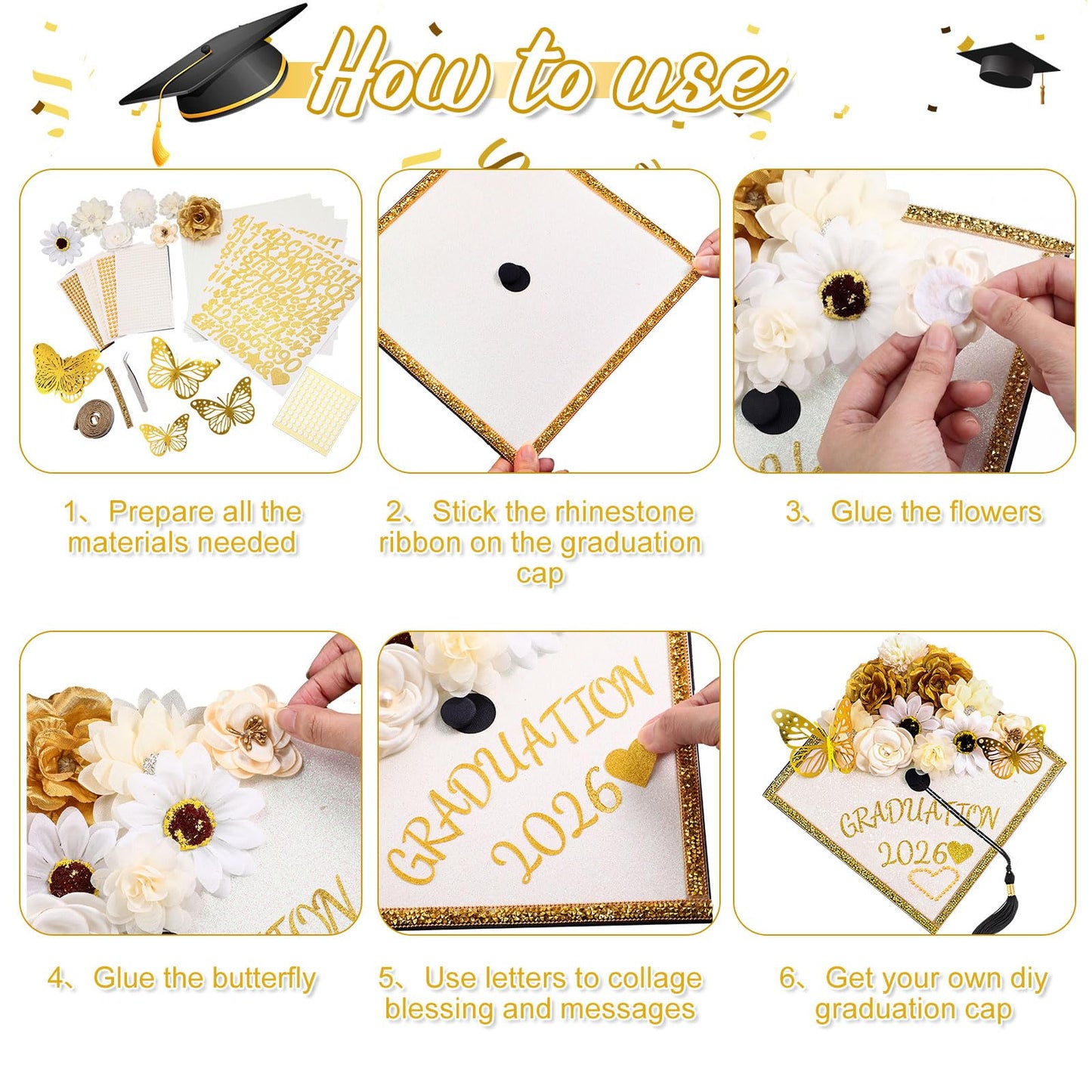 Wavwavw 43 PCS DIY Graduation Cap Decorations Kit, Grad Cap Decorations Included Faux Flowers 3D Butterfly Self Adhesive Rhinestones Stickers Alphabet Letter Stickers for 2026 Grad Party(White)