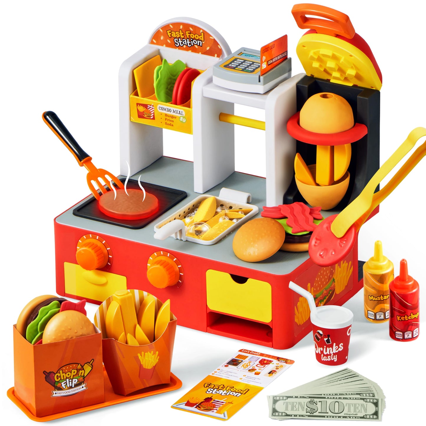 lalalark Restaurant Play Food Set Toy, 40+ PCS Fast Food Playset with Potato Cutter, Simulated Frying Effect & Lights, Order, Card & Drink Station, Interactive Role Play Toy Birthday Gift