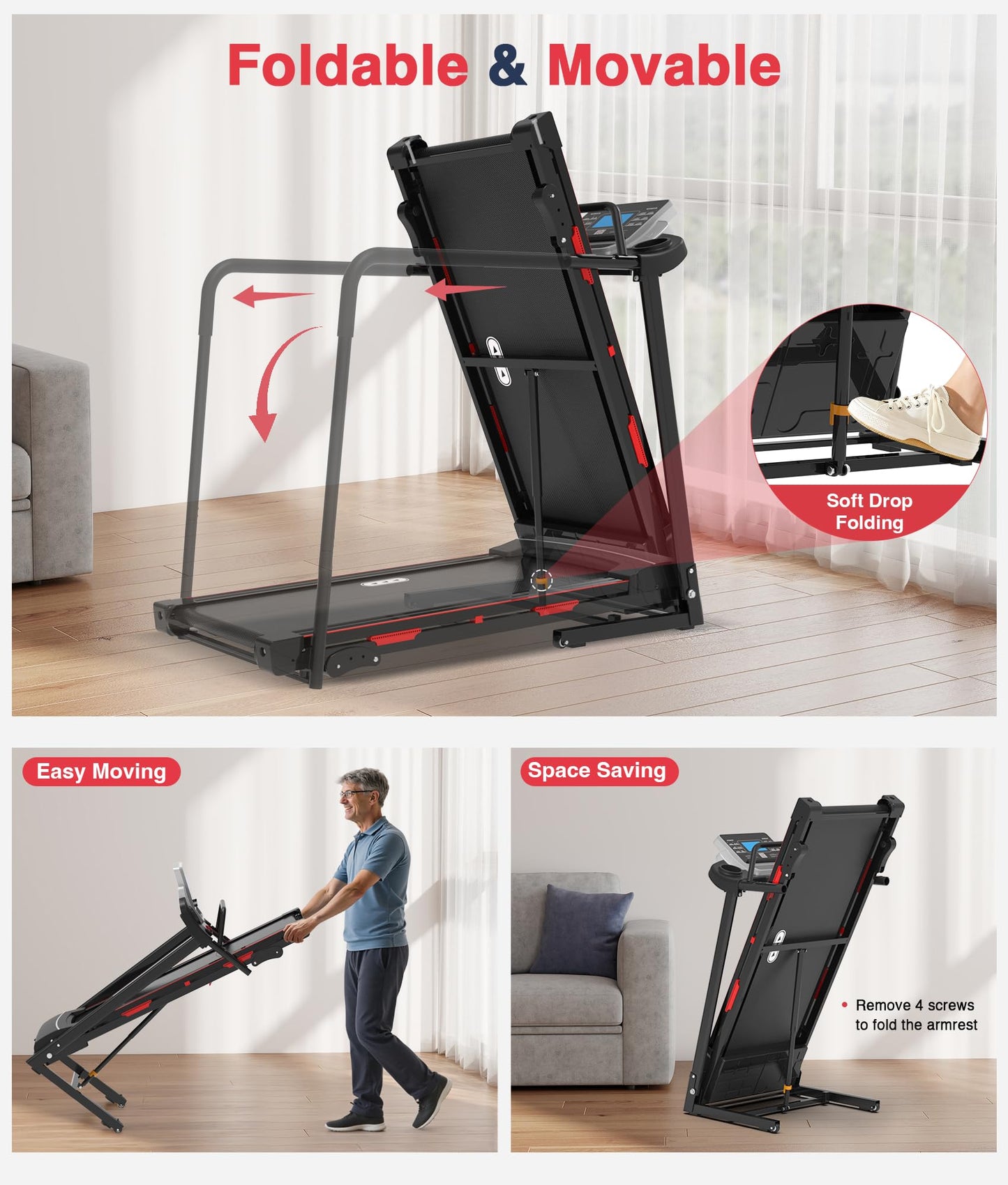 Redliro Walking Treadmill for Seniors Foldable - 400 Lb Capacity Senior Treadmill with Front & Long Handrails, 0%-2% Incline Home Recovery Fitness Exercise Machine for Elder, 47.6” Long Belt, APP