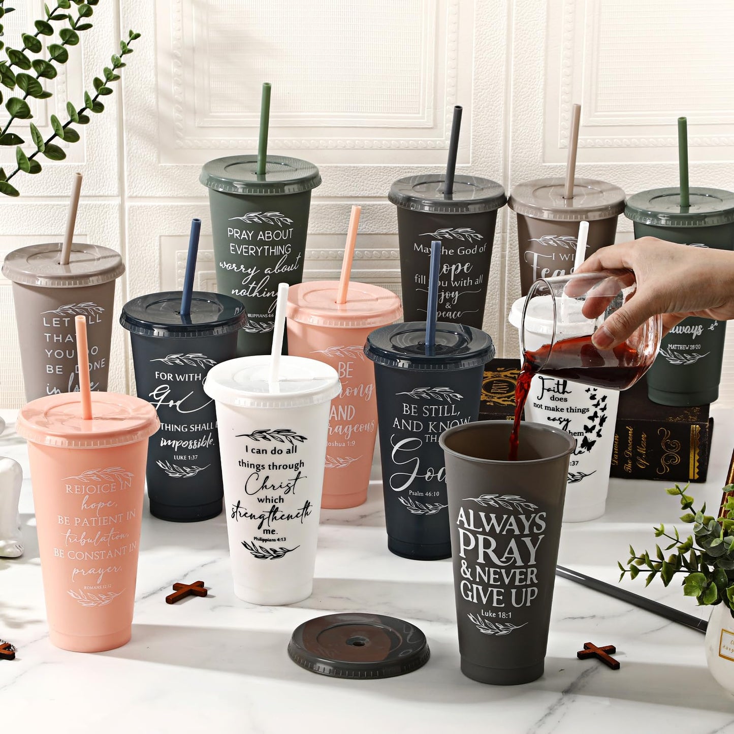 Havawish 24 Pcs Christian Tumbler Gifts Bulk Religious Inspirational 24 oz Drinking Jesus Cup with Lid Straw Bible Verse Plastic Cup for Church Mother Father First Communion Party (Vivid Color)