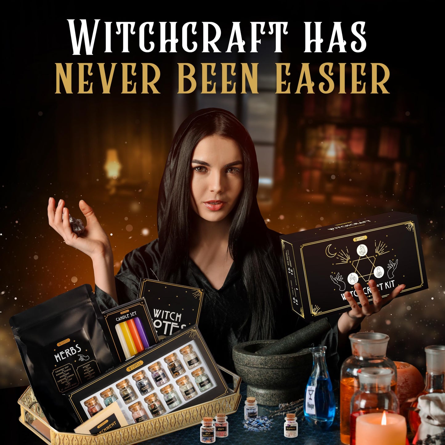 Wyspell Witchcraft Supplies Kit - 54PCS - Witch Kit for Altar: Spell Candles, Dried Herbs, Healing Crystals in Jars - Wiccan Supplies & Tools - Witchy Gifts for Beginners
