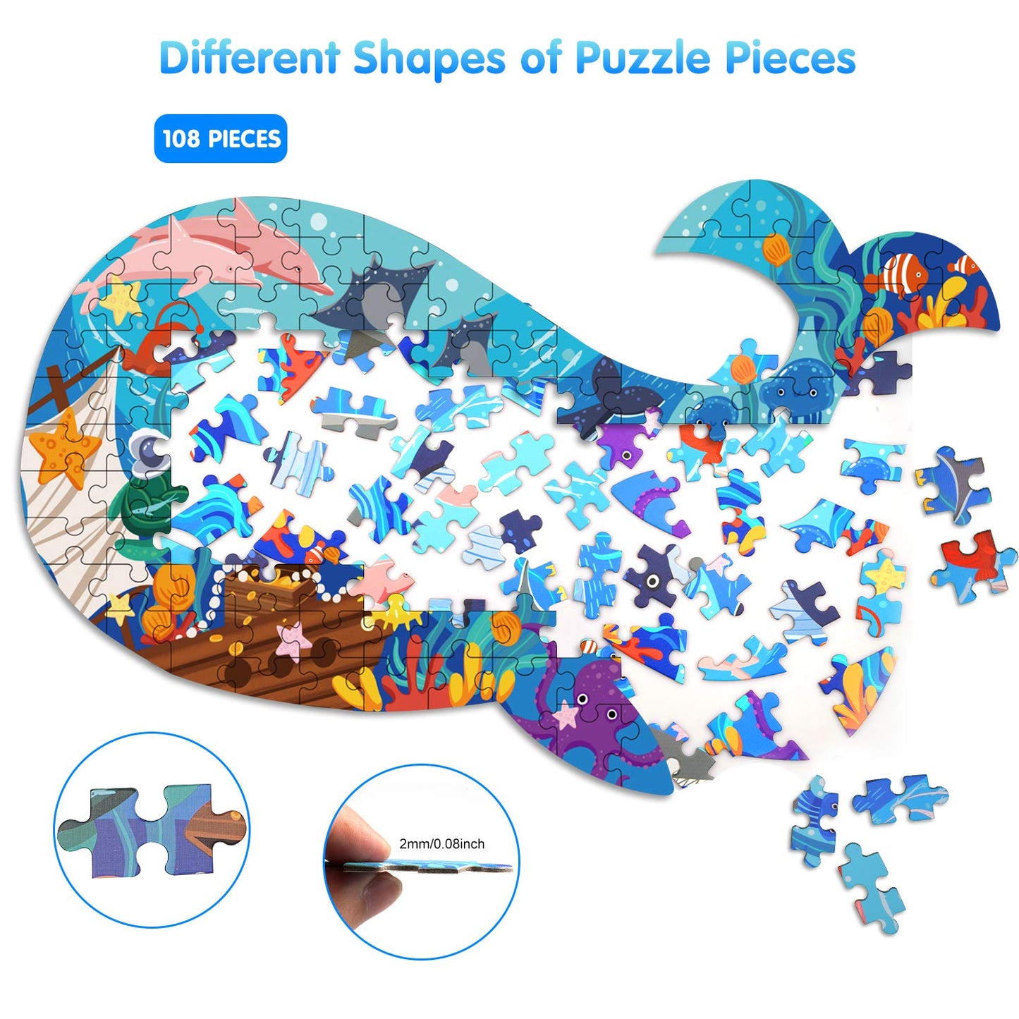 Jigsaw Puzzles for Kids Ages 4-8, 108 Pieces Whale Shaped Cardboard Puzzles for Animal Lovers, Sturdy Floor Puzzles Box and Poster, Educational Toys Gift for Boys Girls, 23.38 x 14.72 Inch