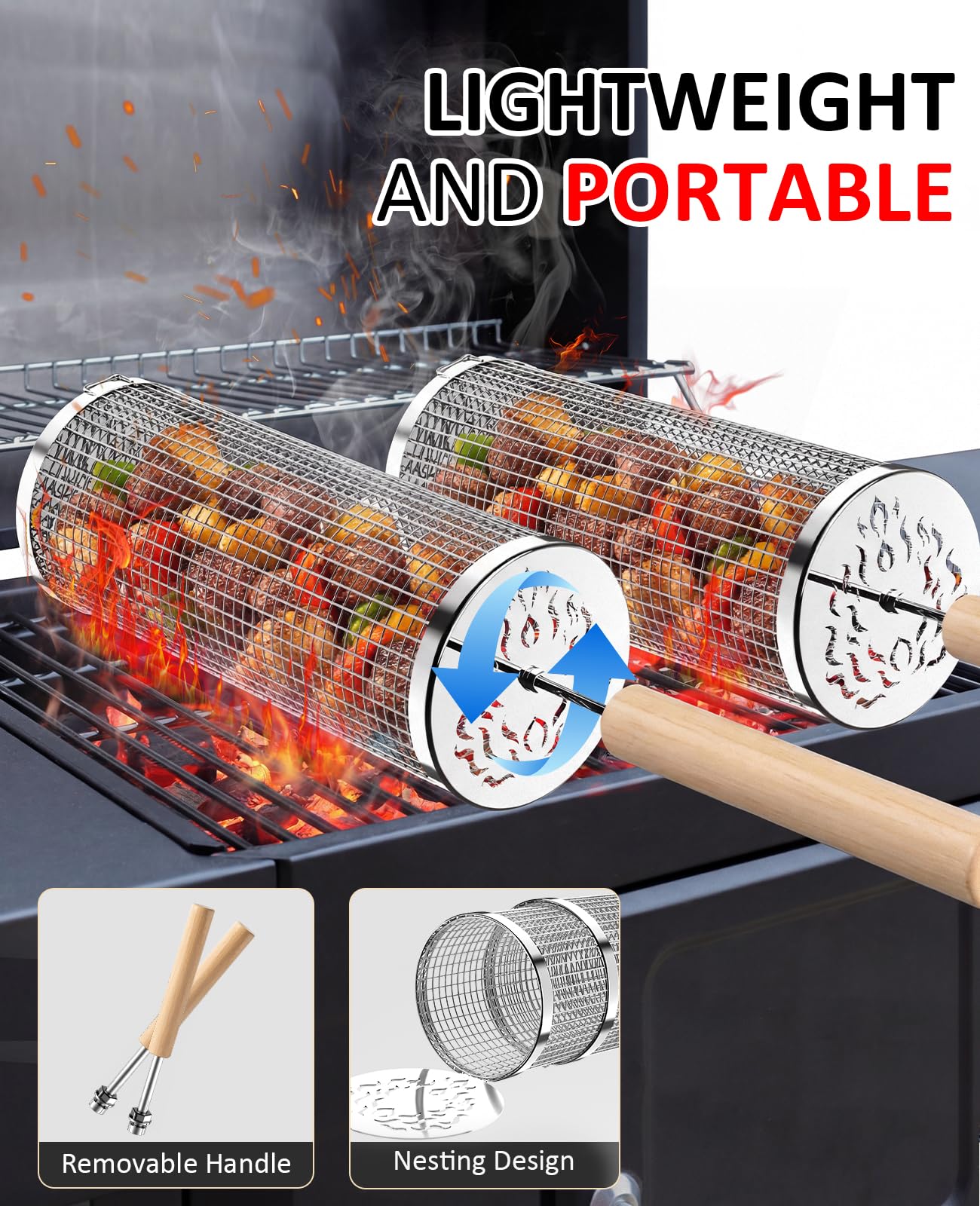 Rolling Grill Basket, Removable Wooden Handle, 304 Stainless Steel, Nesting BBQ Tools for Vegetable, Outdoor Smoker Camping Accessories, Father's Day Gifts Birthday Gift for Men Dad Husband