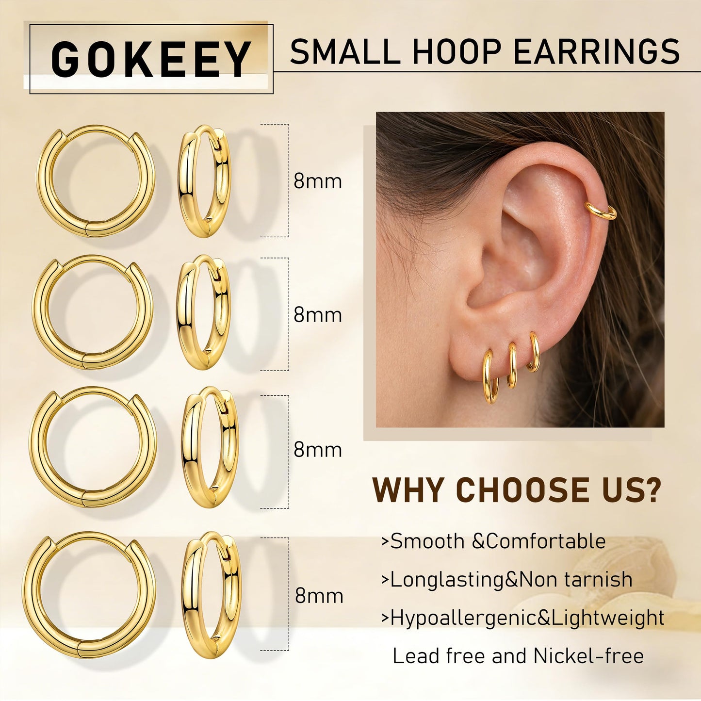 Gokeey Small Gold Huggie Hoop Earrings Set for Women 14K Real Gold Plated Hypoallergenic Lightweight Earrings for Sensitive Ears Everyday Earrings for Cartilage Piercings 8mm