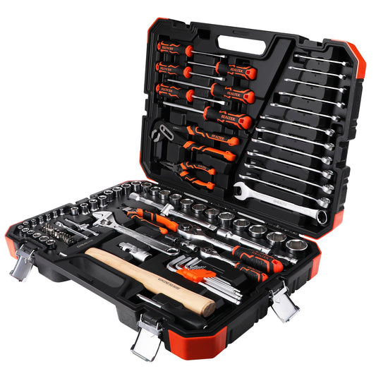 REALTEK 100 Piece Mechanic Tool Set, Car Tool Kit, Cr-V Socket Wrench Auto Repair Kit Includes Socket Accessories, Pliers, Heavy Hammer, Screw Drivers, General Households Tools with Larger Case