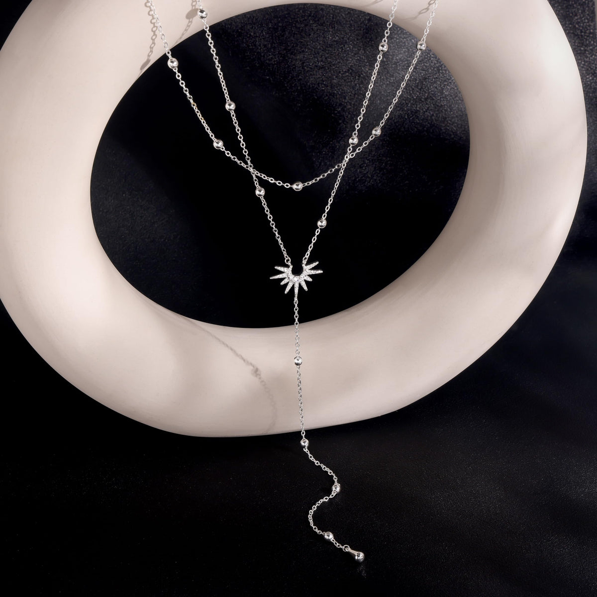 CHESKY Lariat Silver Necklace for Women Trendy, Dainty Long Necklace Streling Silver Y-Shaped Pendant Necklace Layered CZ Beaded Chain Drop Necklaces Simple Gold Jewelry for Women Gifts