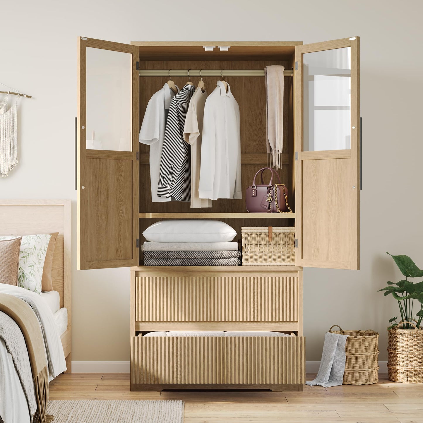 GarveeHome Armoire Wardrobe Closet with 2 Glass Doors & 2 Fluted Drawers, Wooden Wardrobe Storage Cabinet Closet w/Hanging Rod & Shelves, Large Capacity, Freestanding for Bedroom, Clothes, Natural