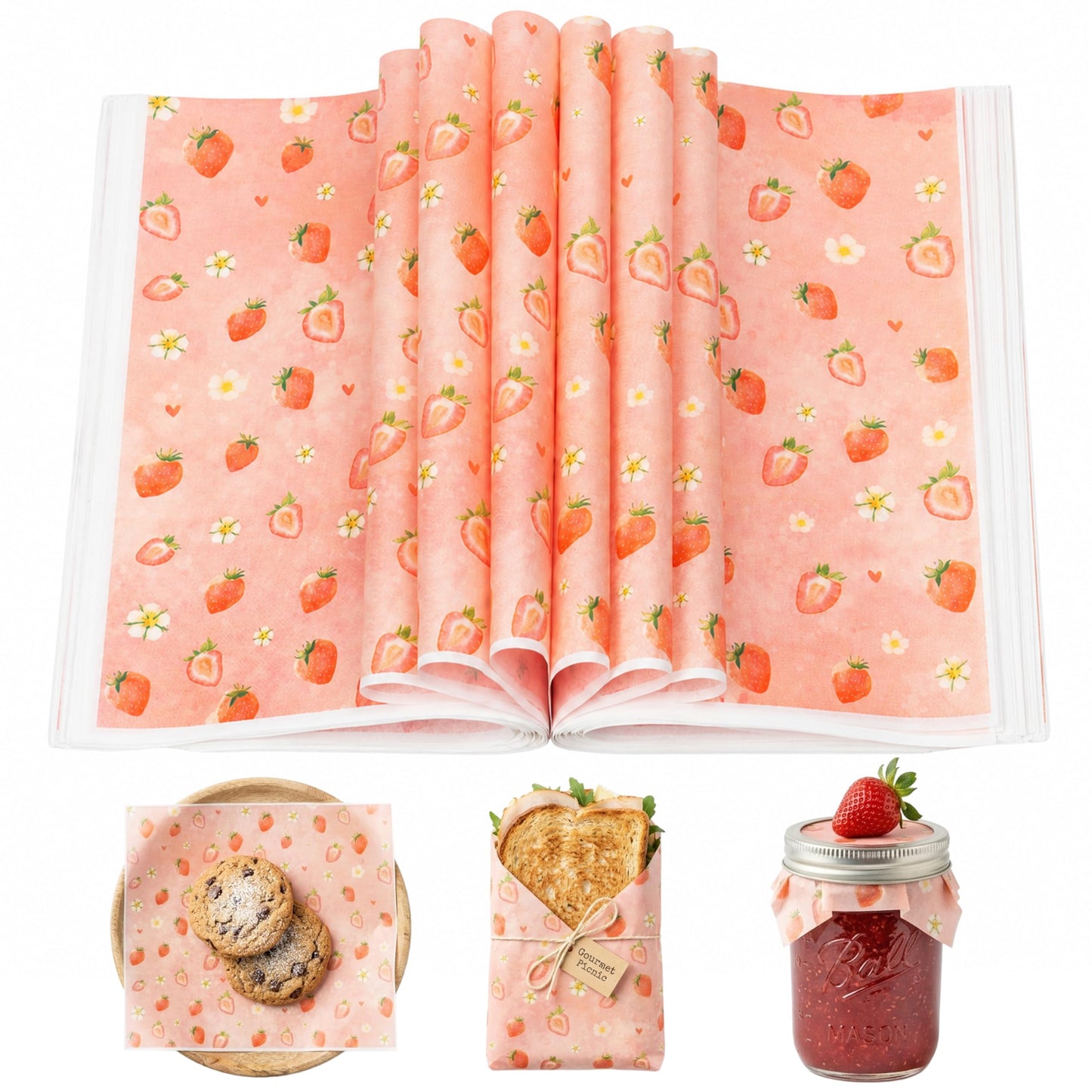 GROBRO7 Strawberry Wax Paper Sheet - 150Pcs Summer Fruit Themed Food Deli Papers with Flower, 9.8 x 8.3in Greaseproof Waterproof Disposable Pink Wrap for Sandwich Picnic Basket Liner Party Supplies