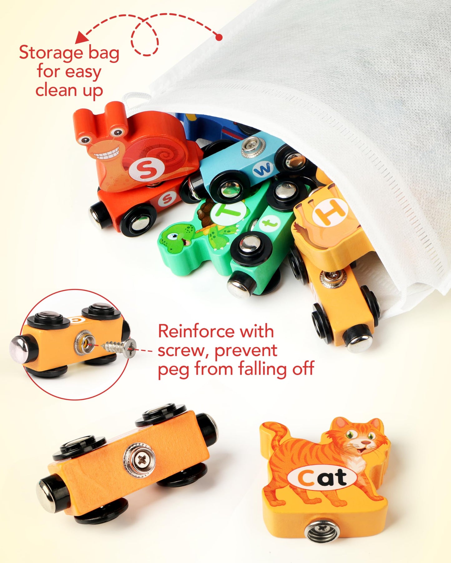Helsort Wooden Alphabet Train Set for Toddlers – Magnetic ABC Train with Snap-Connection, Animal-Themed Educational Preschool Toy for Kids Ages 3-5, Montessori STEM Learning Gift for Boys and Girls