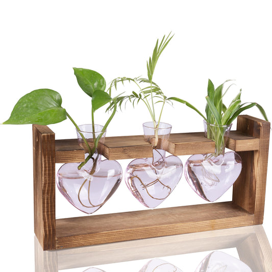 Kingbuy 3-Heart Plant Terrarium Kit with Vintage Wood Stand - Stained Glass Vase Propagation Station, Wall-Mounted & Tabletop Indoor Decor for Home Kitchen Wedding Gift, Light Pink