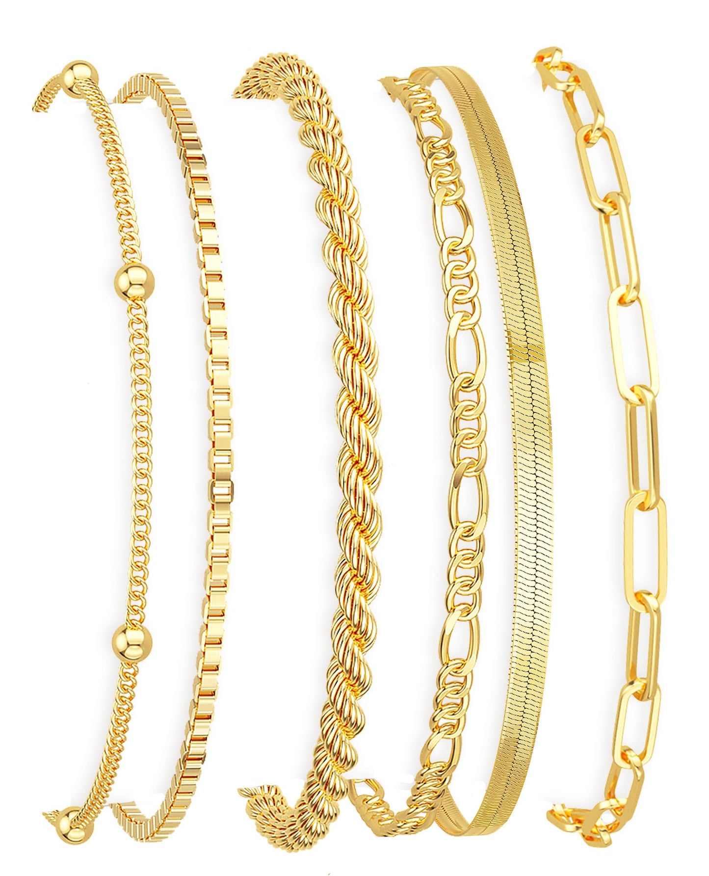 DEARMAY Gold Bracelets for Women Non Tarnish Jewelry Sets 14K Gold Plated Bracelets Stack Trendy Dainty Stackable Paperclip Rope Snake Box Figaro Chain Bracelets Set Pack Costume Fashion Gifts