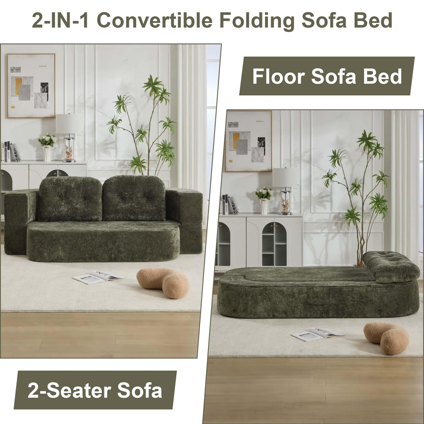 KIVENJAJA 78.7" Boneless Loveseat, Convertible Folding Sofa Bed Full Size with Pillows, Comfy Cloud Fold Out Couch, Foldable Sleeper Sofa Bed for Living Room, Small Spaces, Office, Apartment, Green