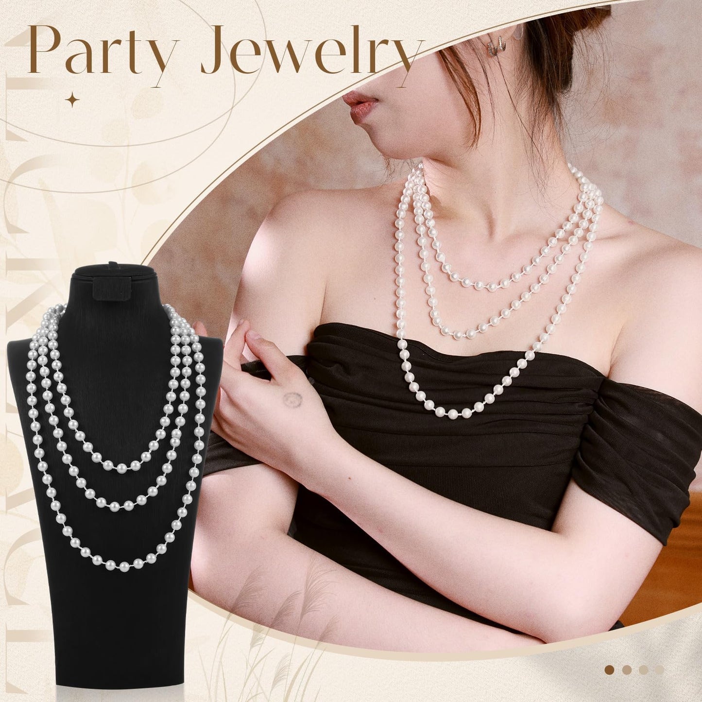 Aurelema 2 Pack Long Pearl Necklace for Women 1920s Costume Party Jewelry Faux Pearls Strand Beads for Ladies(70 Inches,8 mm,Plastic,Cream White)