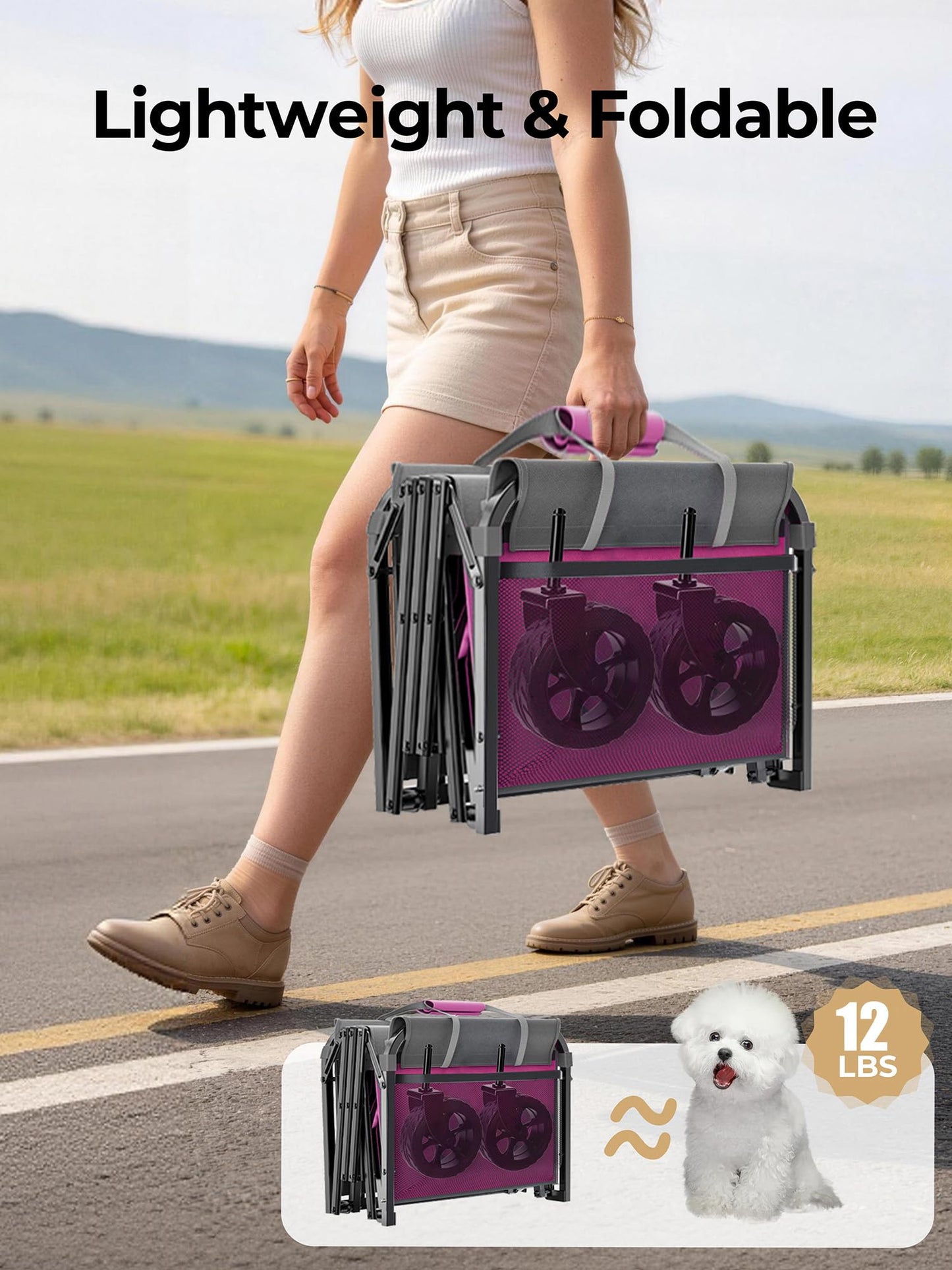 Aimnny Pink Folding Wagon Cart with Wide Wheels, Lightweight & Portable, Easy Fold & Removable Side Utility Wagon for Groceries, Gardening, Camping, Pet Use