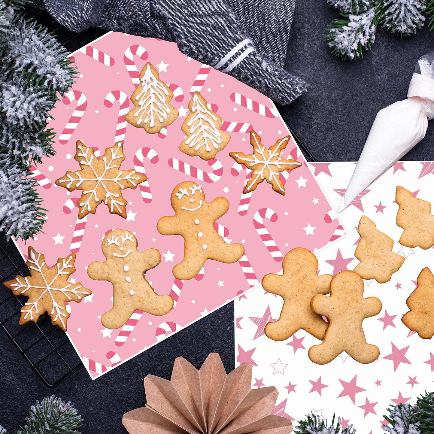 JarThenaAMCS 240 Sheet Christmas Wax Paper 6 Styles Pink Xmas Tree Snowflake Snowman Food Tissue Wrapping Paper Winter Decorative Deli Paper Basket Liners for Home Kitchen Restaurant Baking,12 Inch