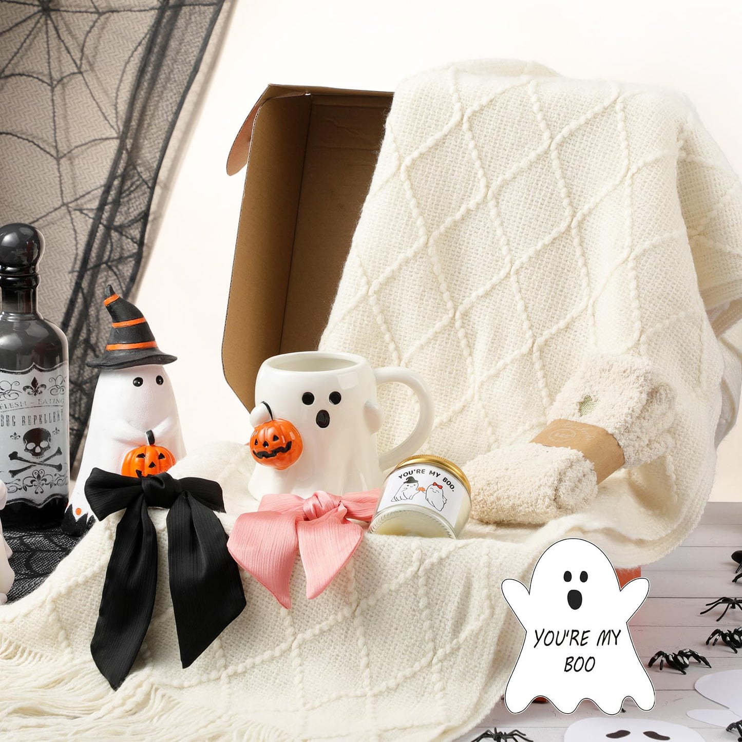 Mimorou Halloween Boo Basket Gifts for Adults Women Halloween Basket Stuffer with Ghost Mug Knitted Tassel Blanket Boo Scented Candle Gifts for Friends Women Family