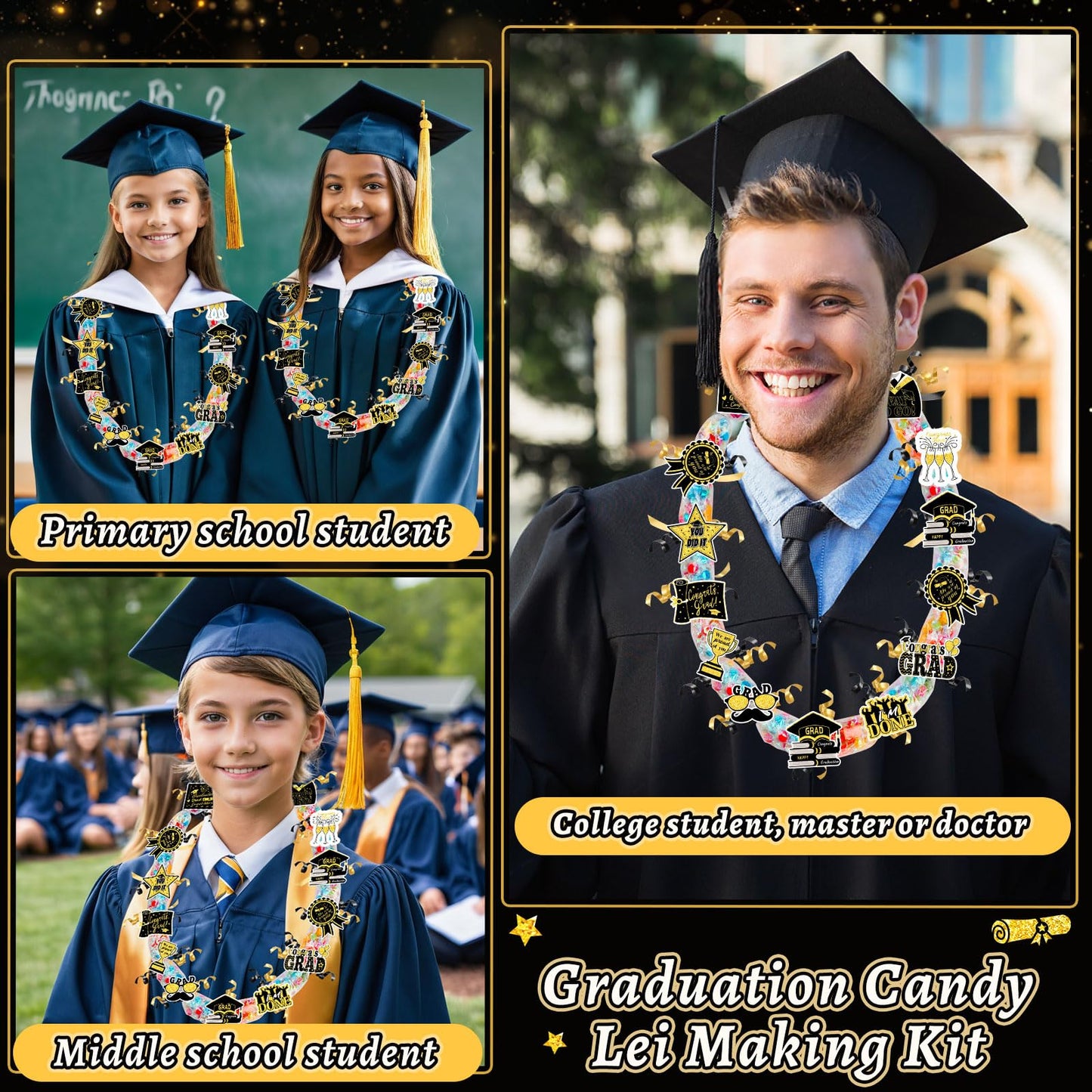 MARFOREVER 174 Pcs Graduation Candy Lei Making Kit, 24 Pcs Graduation Candy Lei Tubing 144 Grad Paper Cut 6 Rolls Ribbons for Congrats Grad Class of 2026 Party Supplies DIY Gifts Wreaths