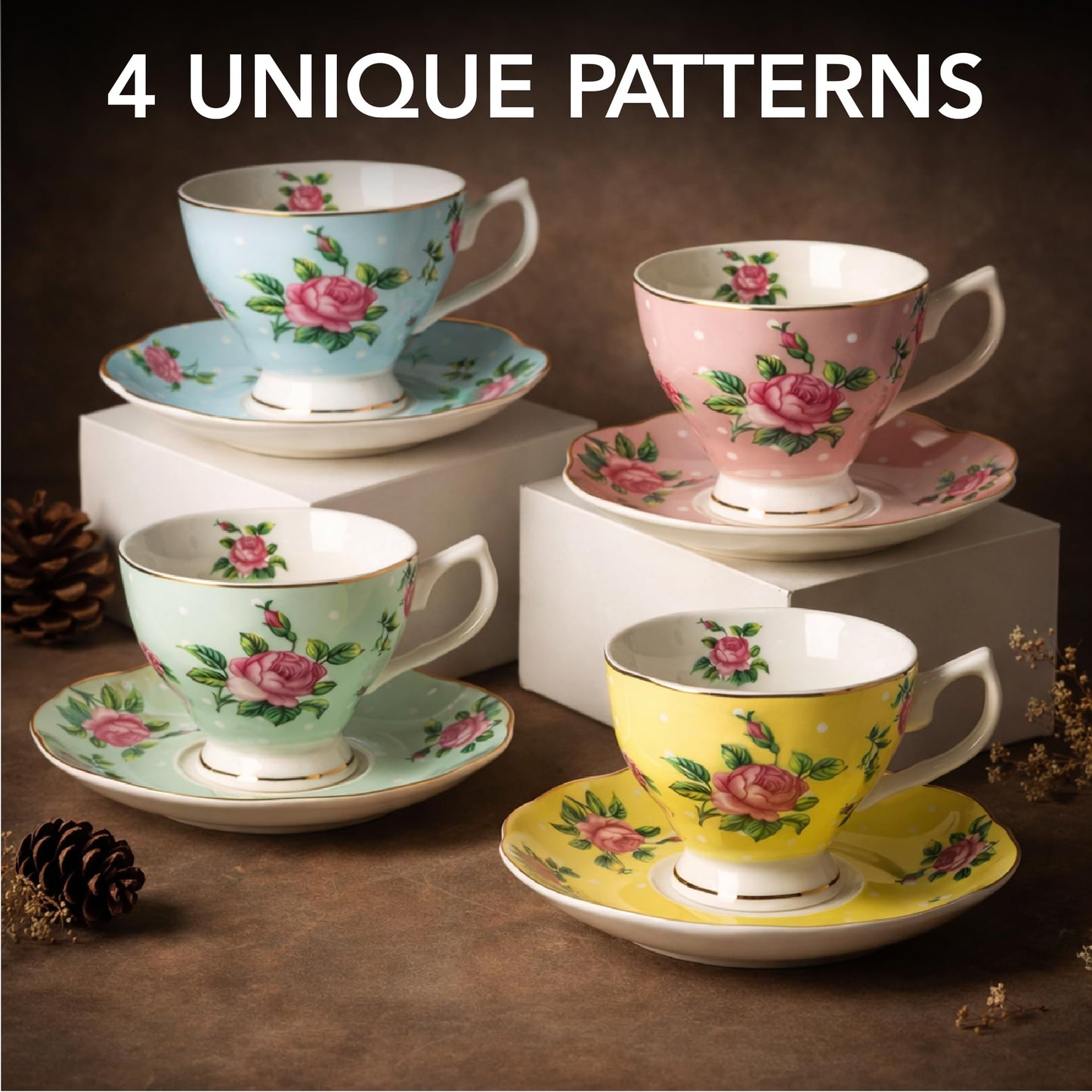 BTaT- Floral Tea Cups and Saucers, Set of 12, 8 oz, Fine Porcelain Teacup Set with Gold Trim for Afternoon Tea, Weddings, Parties & Gifting, Dishwasher Safe, Lightweight, Non-Toxic, Mothers Day Gift