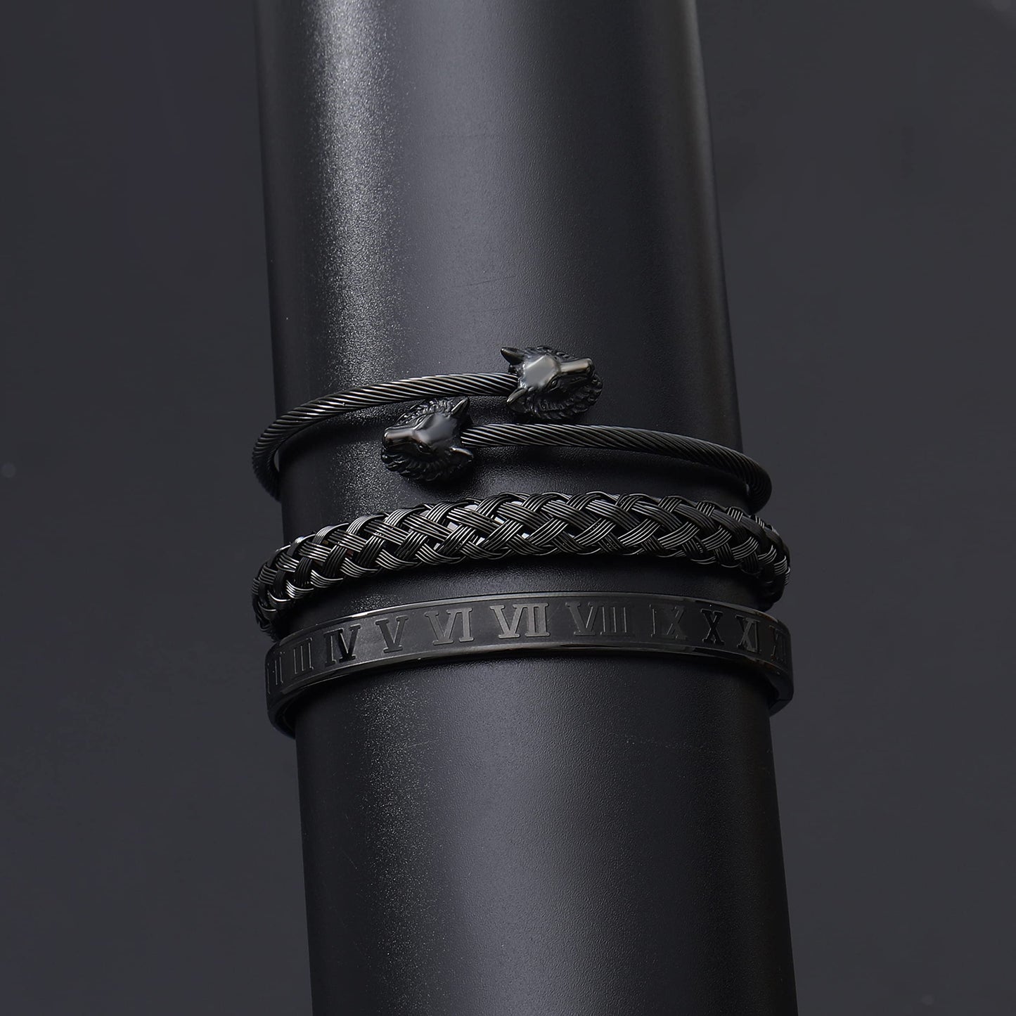 WFYOU 3PCS Stainless Steel Bracelets for Men Gold Roman Numeral Bangle Bracelet Twisted Cable Bracelet Adjustable Cuff Bracelet Mens Luxury Jewelry Bracelets Gifts(M:Black)