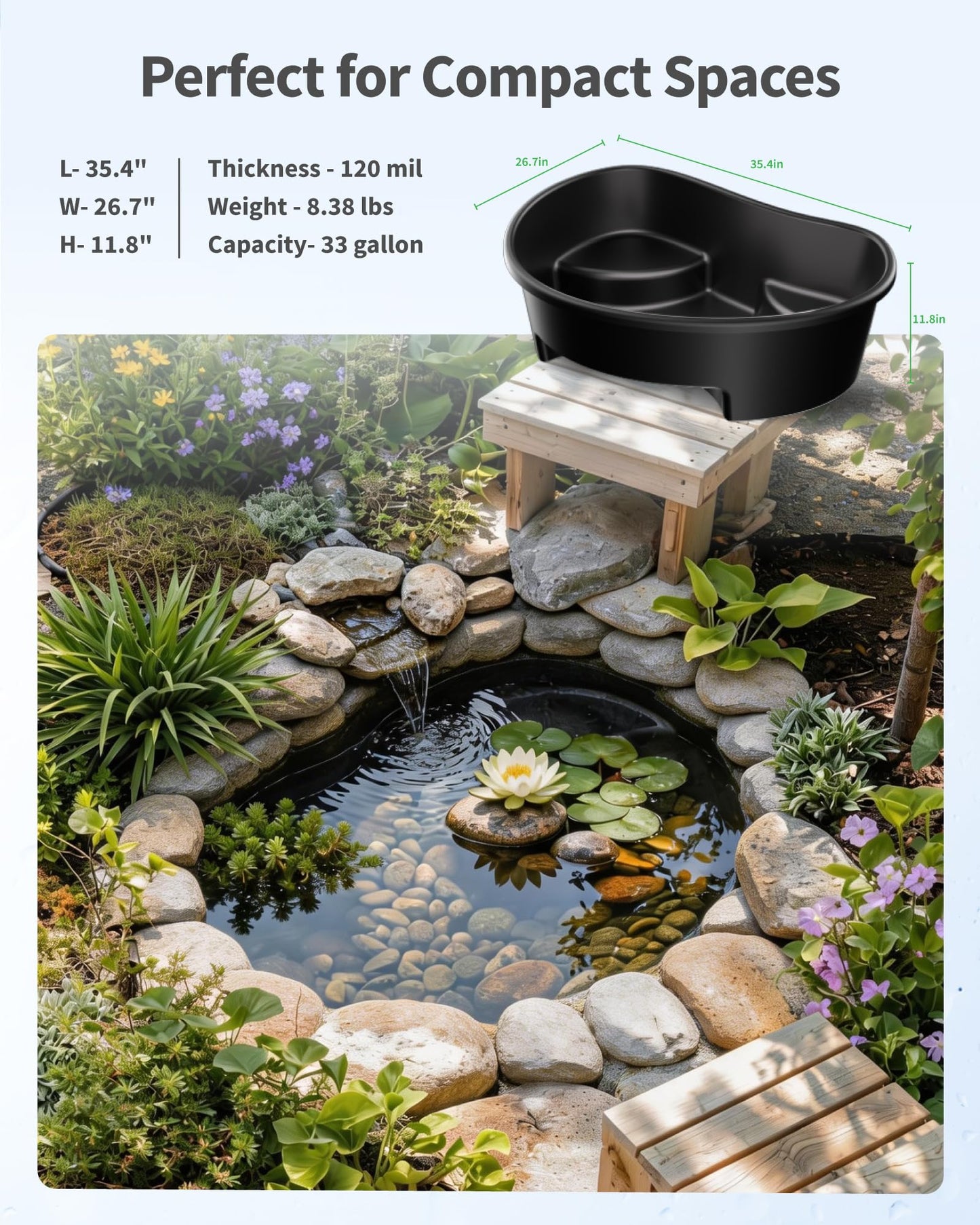 POPOSOAP Preformed Pond Liner, 33 Gallon Rigid Pond Liner with Integrated Plant Shelves, Heavy Duty U-V Resistant Plastic Preformed Pond for Backyard, Patio, Fountain,Water Lily and Koi Pond-P797