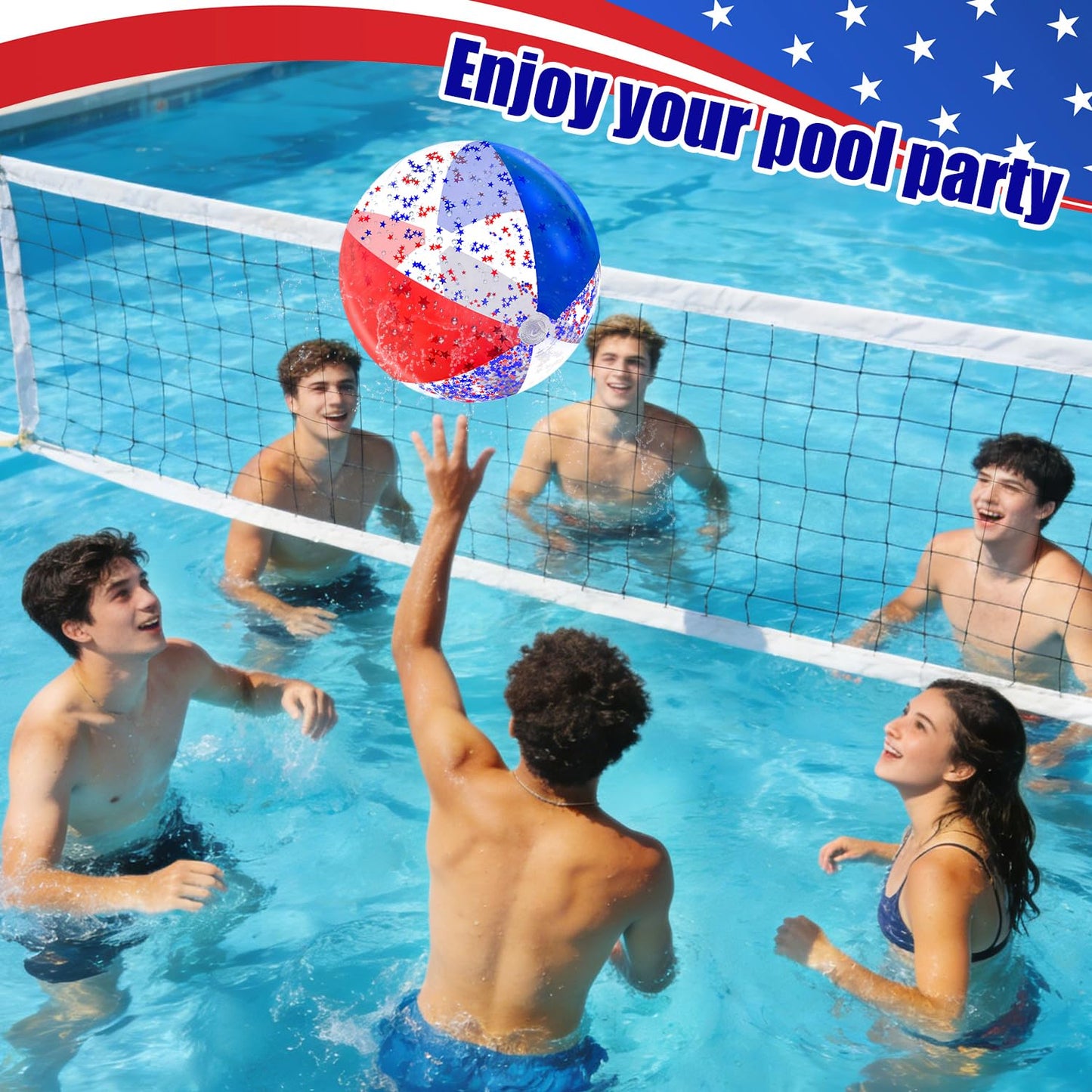 12 Pack 16" Inflatable Patriotic Beach Balls,4th of July Red White and Blue Stars Glitters Beach Ball Bulk,250th Anniversary Pool Toys for Kids & Adults Summer Swimming Pool Beach Party Game Water Toy