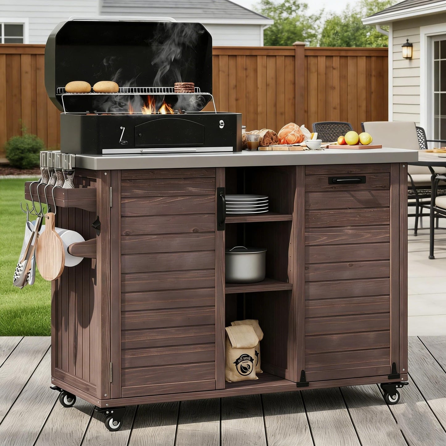 Trygoal 78.2" Outdoor Kitchen Island with Foldable Grill Table & Stainless Steel Top, Rolling Kitchen Cart with Trash Can Storage, Multifunctional Outdoor Grill Table for Lawn & Garden, Dark Brown