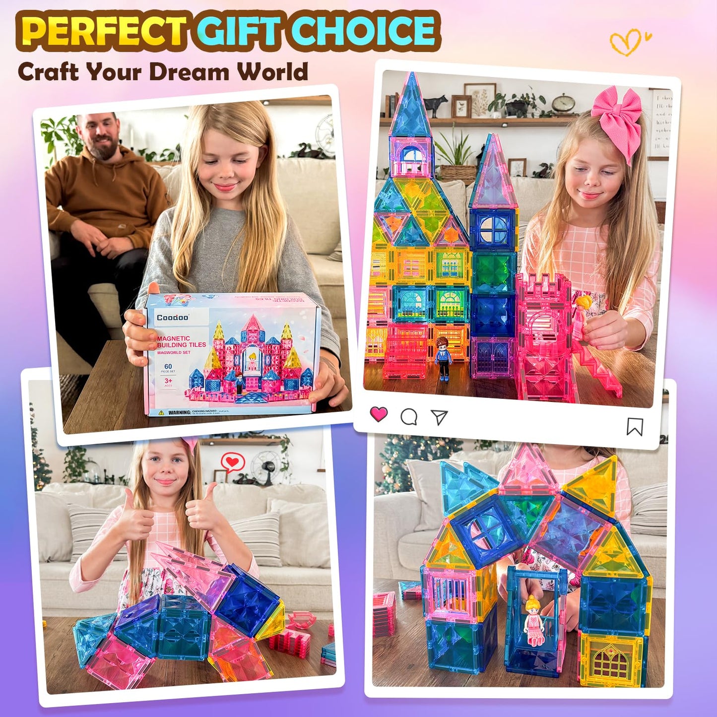 Coodoo Diamond Magnetic Tiles Magnetic Building Blocks STEM Sensory Toy for Boys Girls Pink Castle Dollhouse Pretend Princess Toys for 3 4 5 6 Year Old Girls Toys Birthday Xmas Present