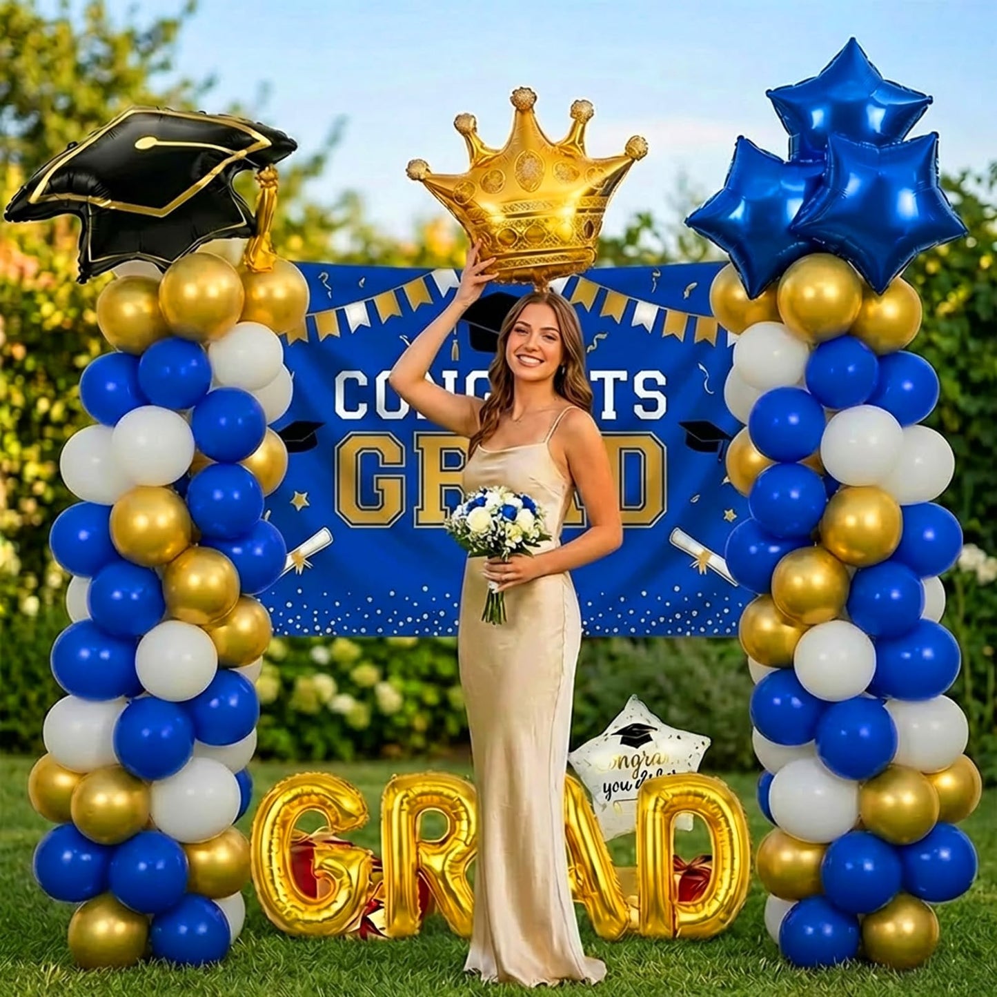 Royal blue White Gold Balloon Garland Arch Kit with backdrop Stars Graduation Cap crown GRAD Letters Mylar Balloons for 2026 graduate Prom Decorations