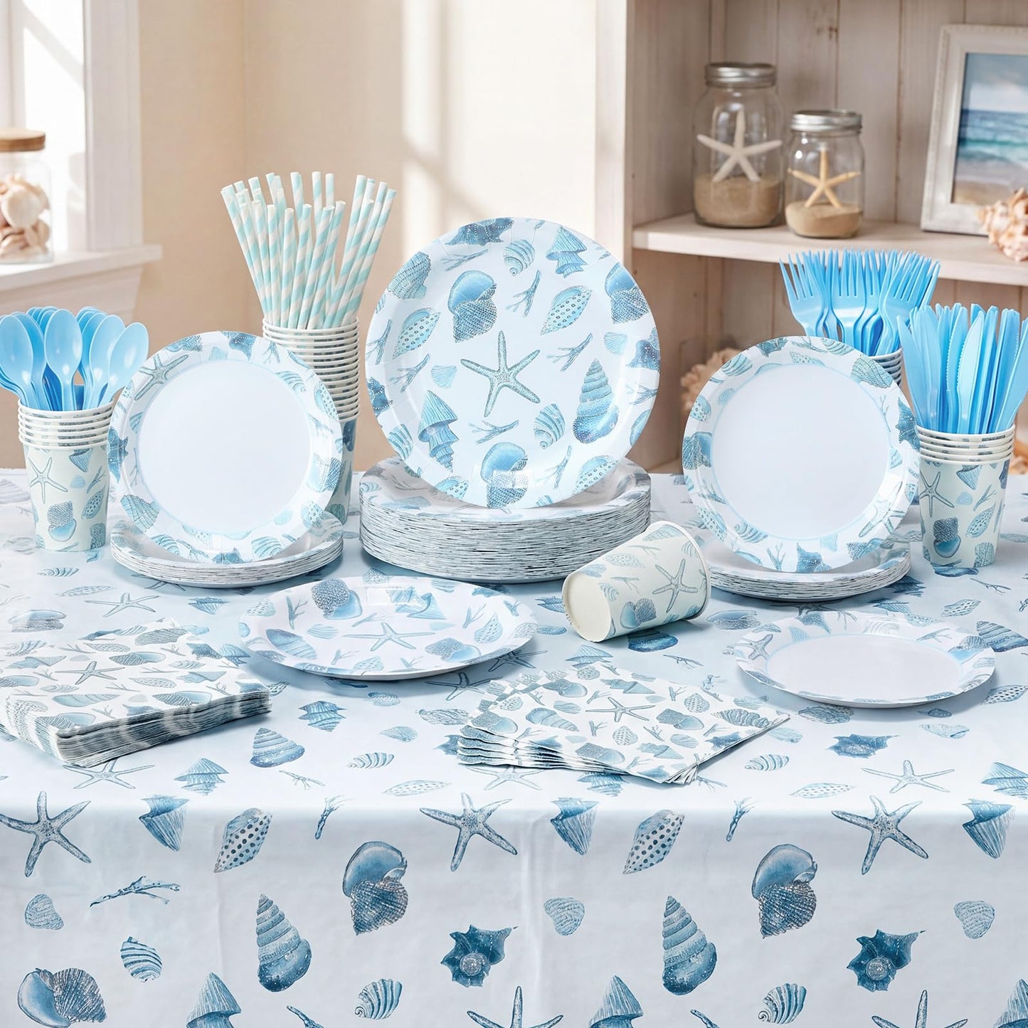 LemonRoad 452 Pcs Ocean Beach Seashell Party Decoration for 50, Coastal Seashell Paper Plates Napkins Cup Tablecloth Cutlery Straw Under The Sea Tableware for Summer Birthday Bachelorette Party Supply