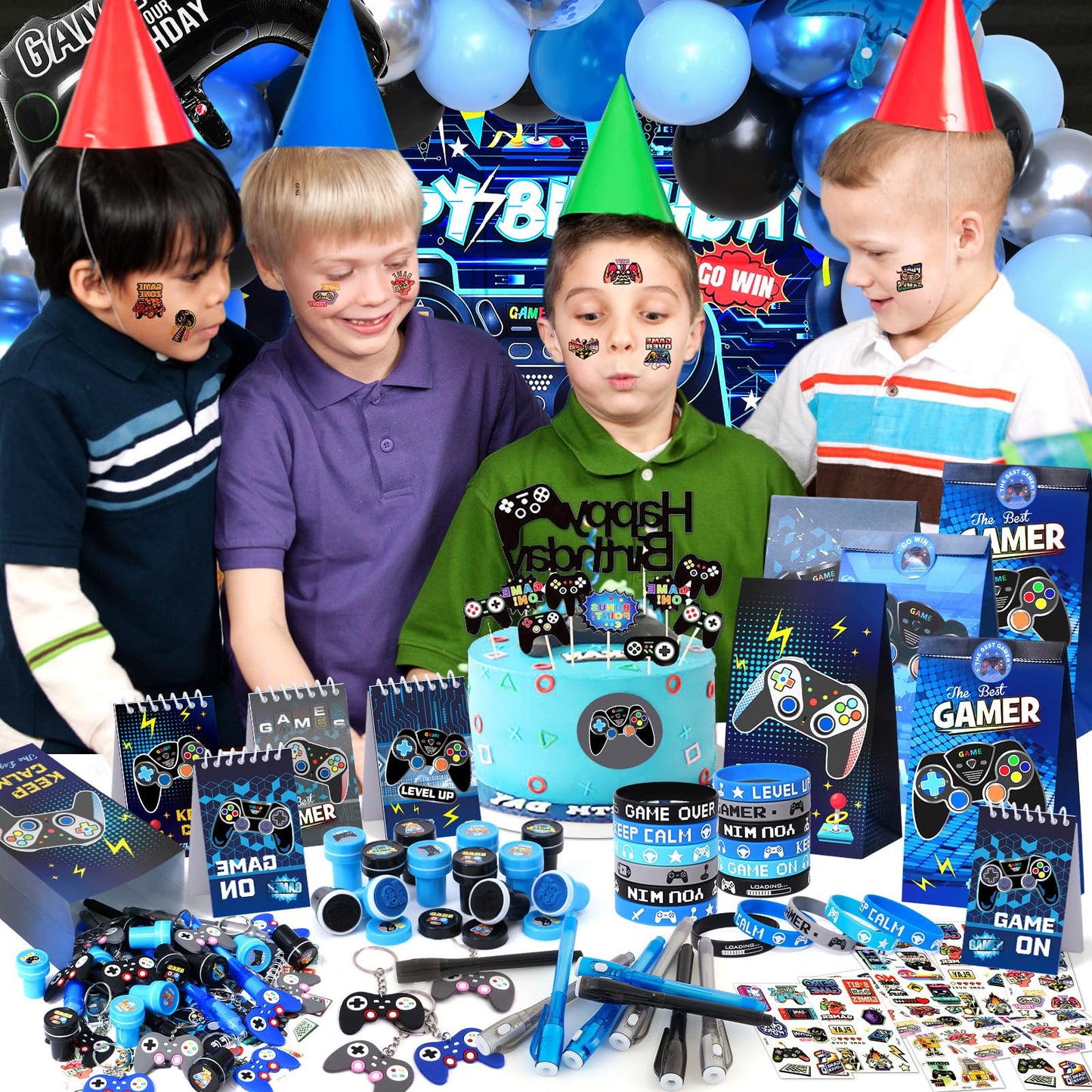 Mishopy 84Pcs Video Game Party Favors Birthday Supplies Kids Boys Invisible Ink Pen Notebook Silicone Bracelet Stamper Tattoo Sticker Gaming Toy Gift Bag Goodie Bag Stuffers Gamer Party Favors