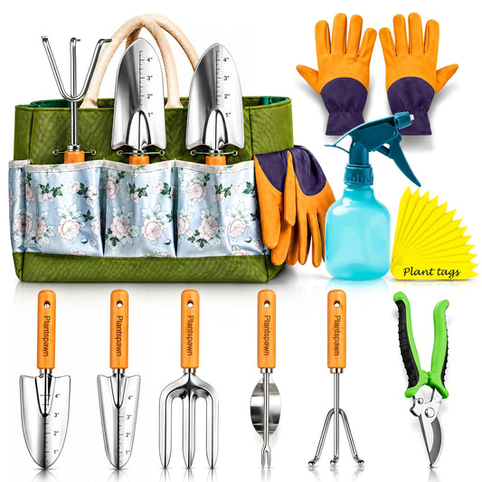 Gardening Tools Set with Organizer Handbag 9-Piece, Heavy‑Duty Rust‑Proof Garden Hand Tools, Wooden Handles,15 Plant Tags, Ideal Gardening Gift for Men & Women