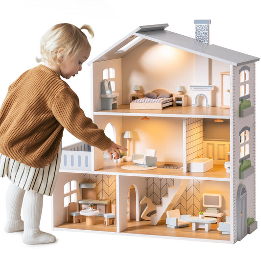 ROBOTIME Wooden Dollhouse, Wooden Doll House with 29 Pieces of Furniture, 6 Rooms Fits 4-6 Inch Dolls, Gift for Kids Ages 3+