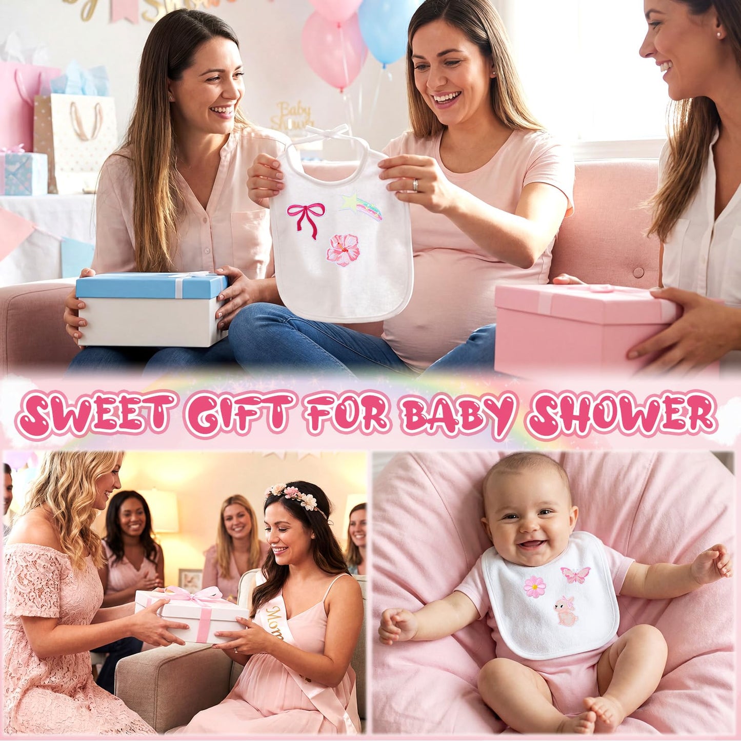 Jiuguva 72 Pcs DIY Bib Decorating Kit Baby Shower Games Set 10 DIY Blank White Bibs 50 Pink Iron on Patches Baby Shower Activity Kit for Gender Reveal Party Supplies