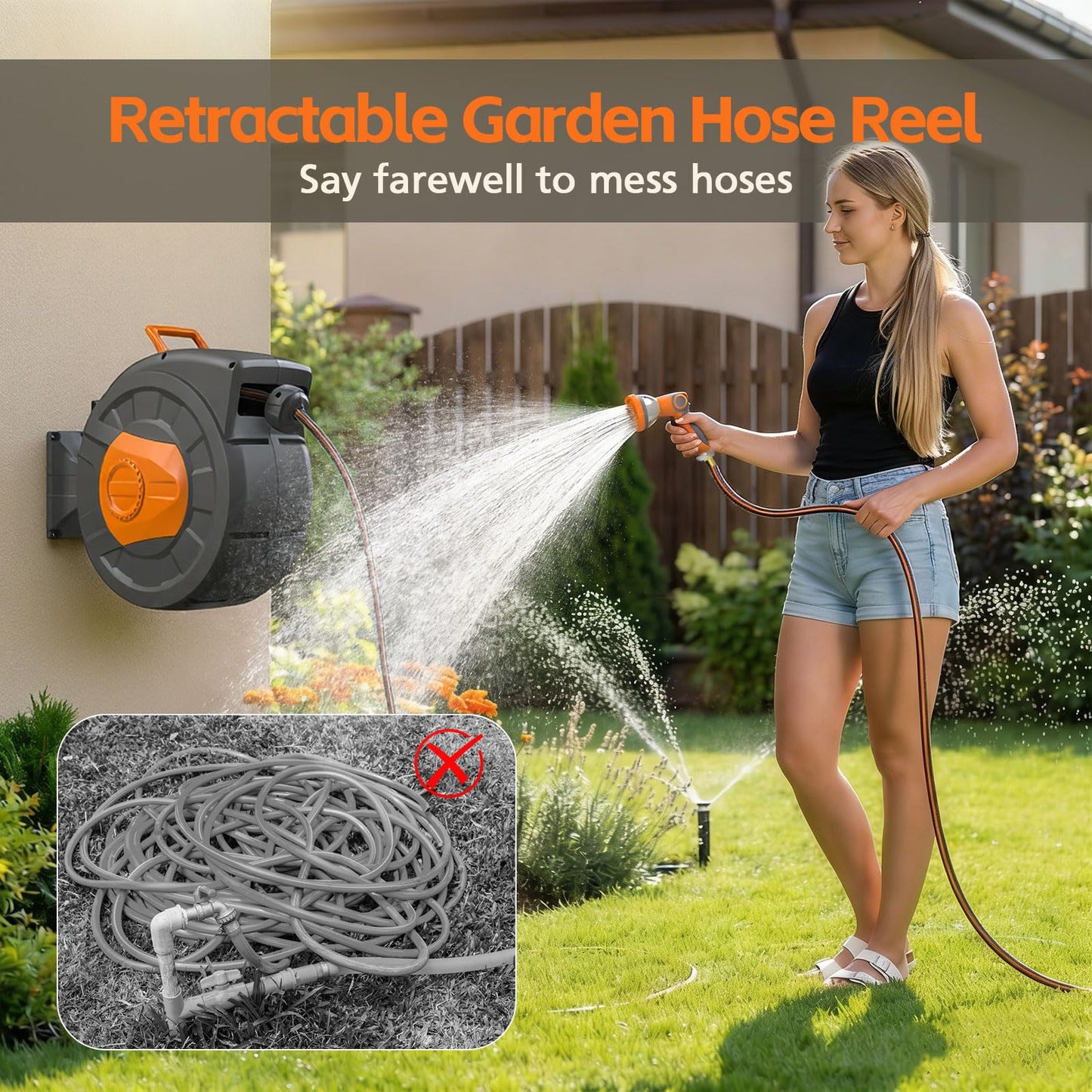 Entgard Retractable Garden Hose Reel 100 FT, 1/2" Heavy Duty Garden Hose 435 PSI Burst Pressure, Wall Mounted Water Hose Reel with 10-Pattern Nozzle, 180° Swivel, Slow Auto Rewind & Any Length Lock