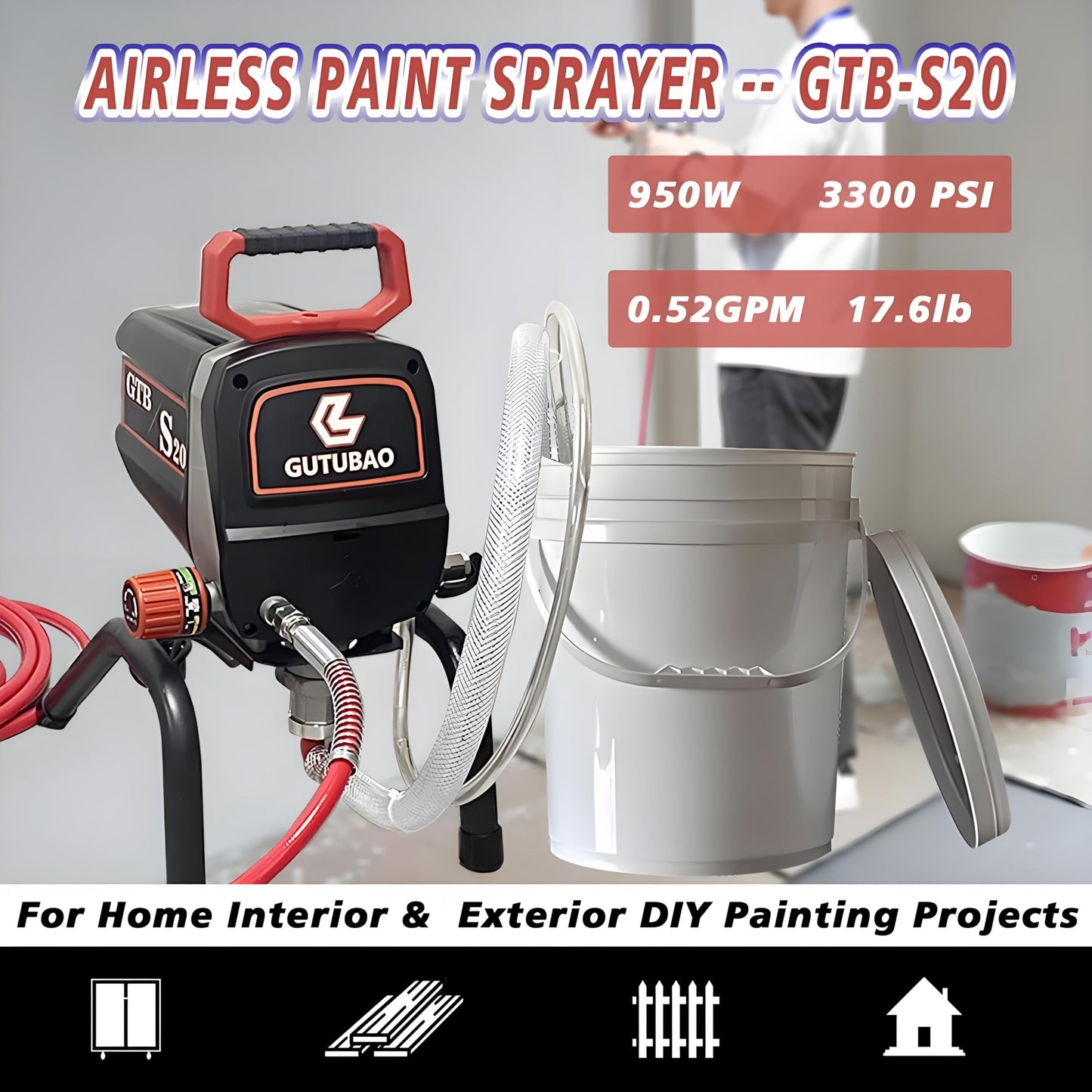 GUTUBAO S20 Airless Paint Sprayer, 0.52GPM Paint Machine for Interior and Exterior House Painting, 3300 PSI Electric Spray Equipment for DIY Painting Projects with Sprayer Accessories