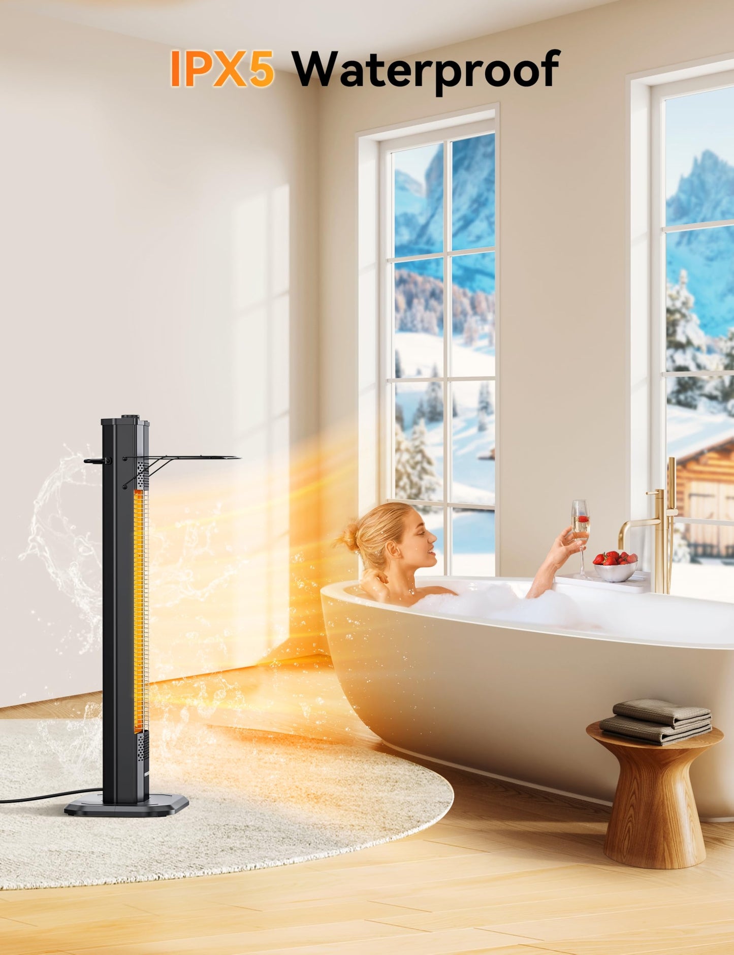 VAGKRI Outdoor Electric Patio Heater, 1500W Dual Carbon Tube Infrared Heater, Tip-Over & Overheat Protection,1S Instant Heat, IPX5 Waterproof, Tower Space Heater for Patio, Backyard & Garage