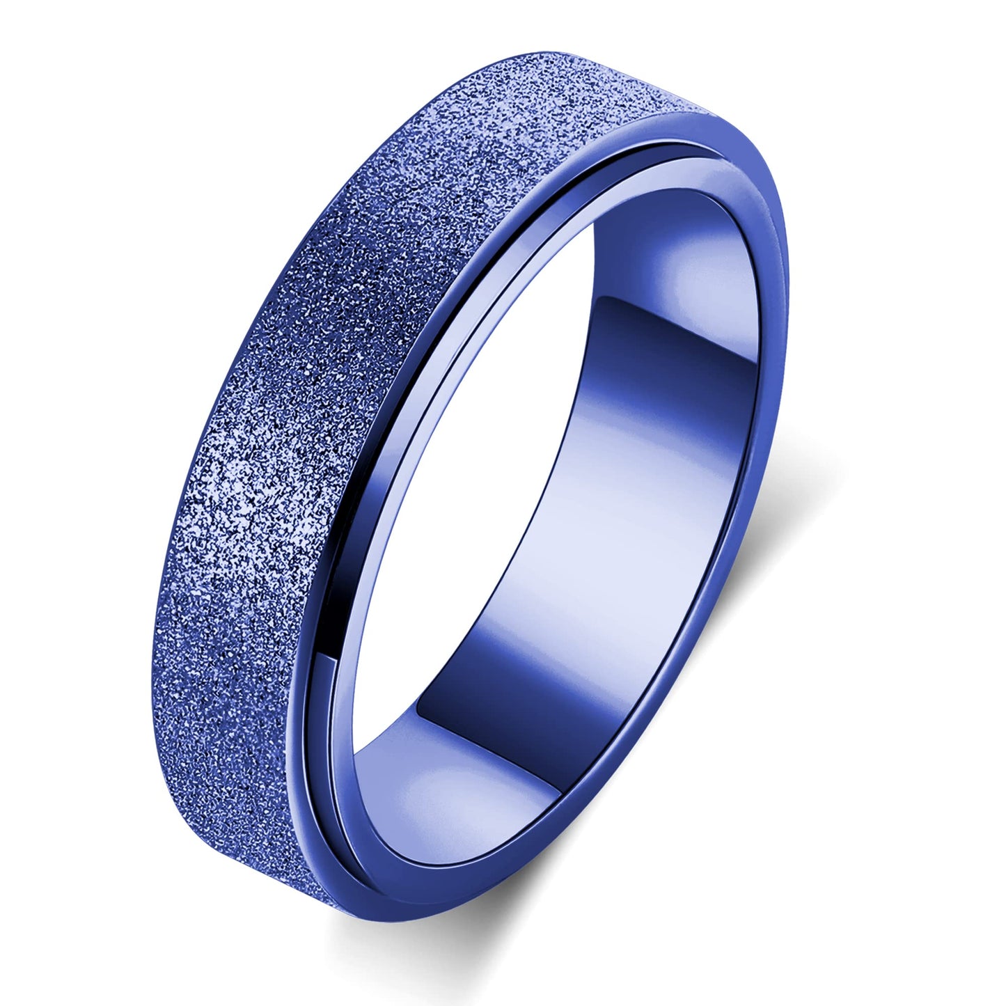 OreilleStar Titanium Stainless Steel Anxiety Ring for Women Men Fidget Spinner Ring Fidget Toys Adults Thumb Ring Size 10 Width 6MM Blue Sand Blasted Finished