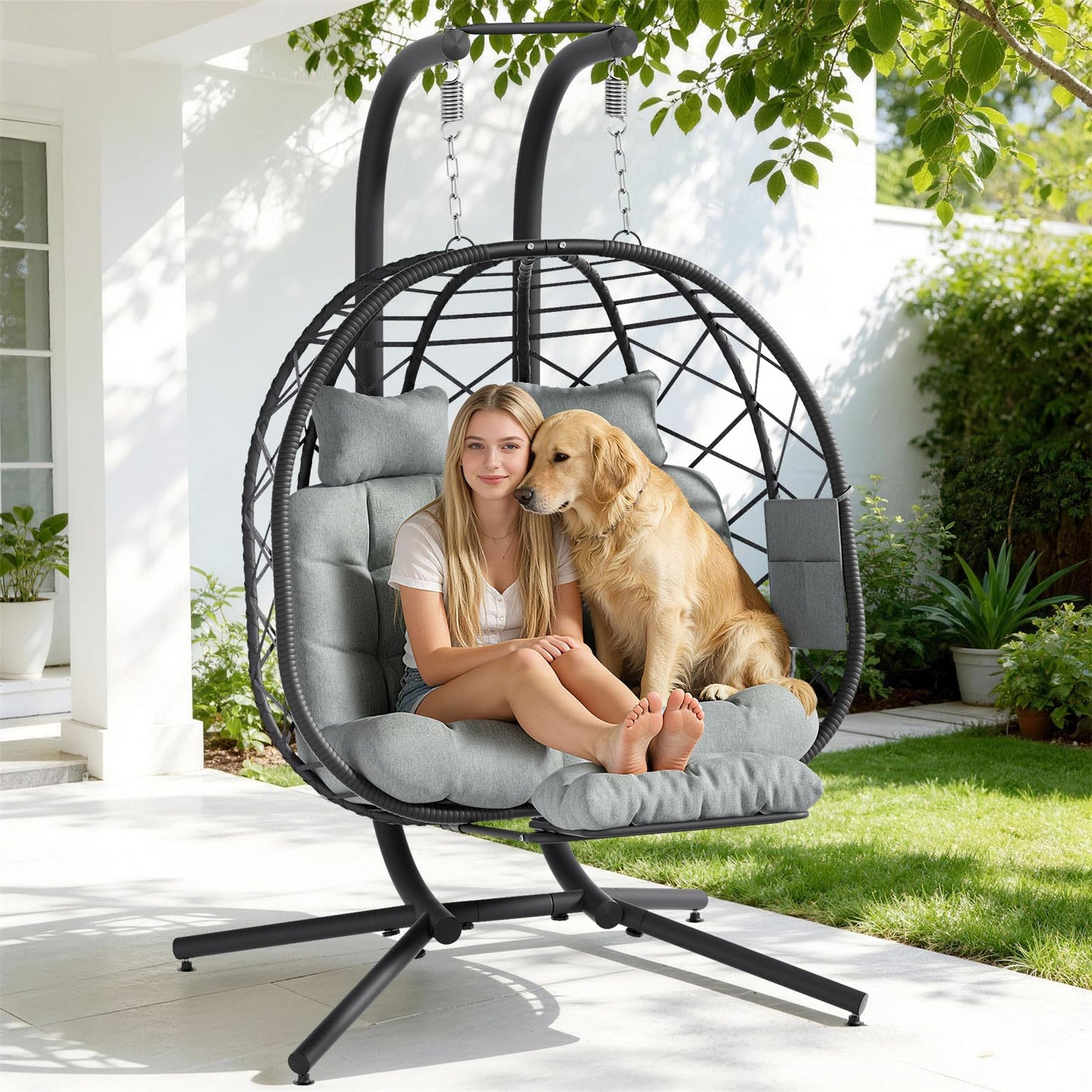 Suteck Double Hanging Egg Chair with Adjustable Footrest & Stand, Indoor Outdoor 2 Person Wicker Egg Swing Chair with Cushion, 660lbs Capacity for Patio, Bedroom, Garden - Grey
