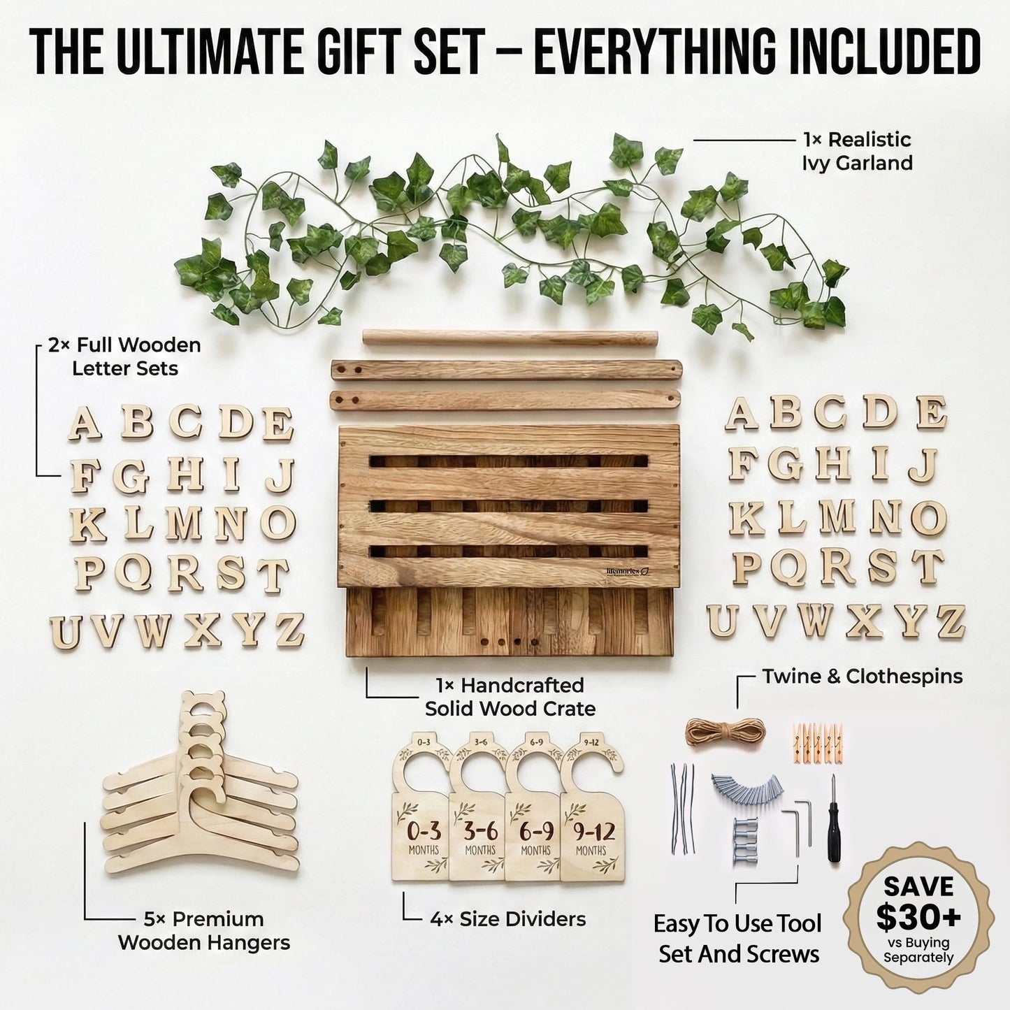 Lifemories Wooden Baby Shower Crate Closet & Basket with Hanger Rack - Customizable Gift Basket with 2x Alphabet Letter Sets, Hangers, Dividers, Ivy Garland,Nursery Decor Girls Boys(Rustic Burnt Wood)
