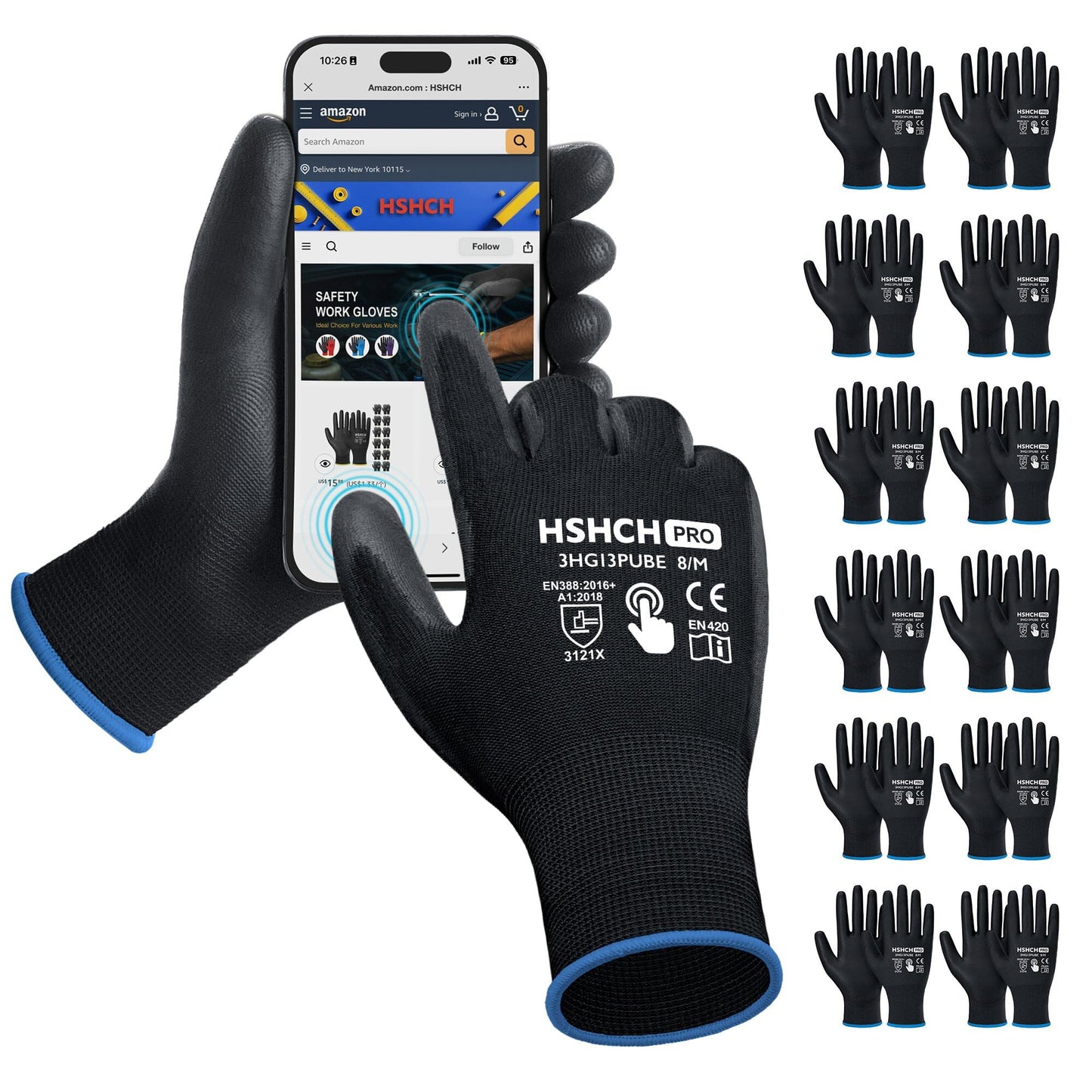 HSHCH Work Gloves for Men and Women 12 Pairs, Seamless Knit Glove with Two Fingers Touchscreen, Ideal for General Duty, Warehouse, Auto, DIY(Large, Black)