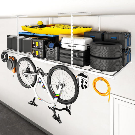 FLEXIMOUNTS 4x8 Overhead Garage Storage Rack with 6 Hooks, Adjustable Storage Organization System, Heavy-Duty Metal Ceiling Racks, 22.6" -39.4" Ceiling Dropdown, Lite Series