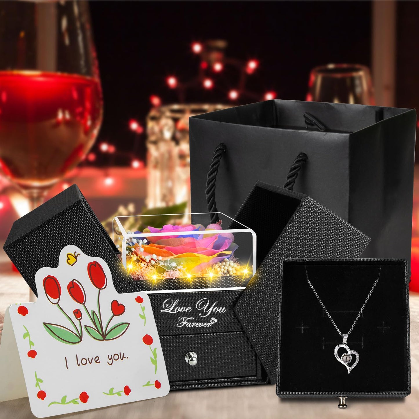 Preserved Color Real Rose Eternal Flowers Rose Gifts for Mom Grandma Wife Girlfriend Gifts for Her Christmas Birthday Anniversary with I Love You Necklace