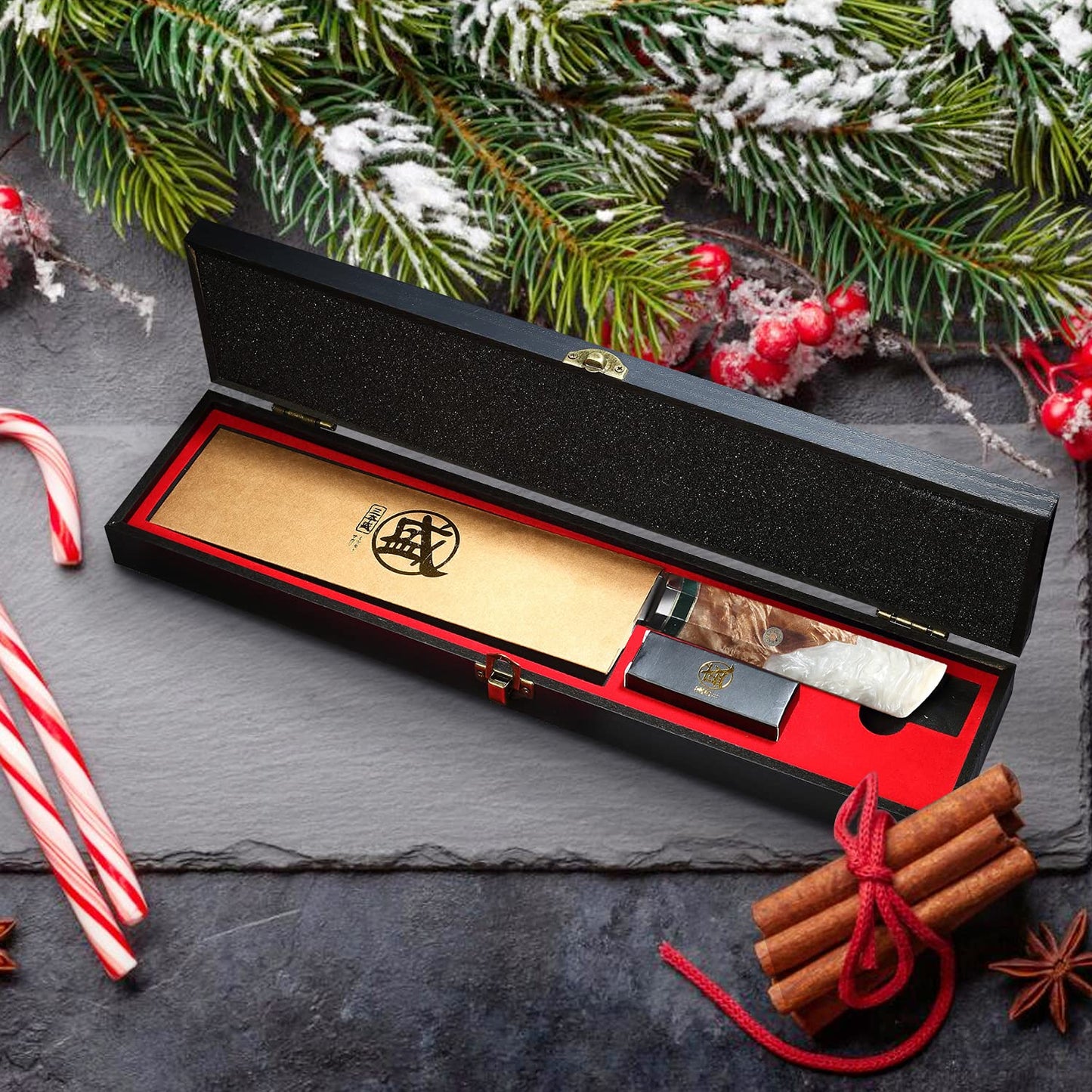MITSUMOTO SAKARI 8 inch Japanese Kiritsuke Knife - Hand Forged 440C Damascus Steel, Professional Kitchen Chef Knives with White Pomegranate Handle & Sandalwood Box