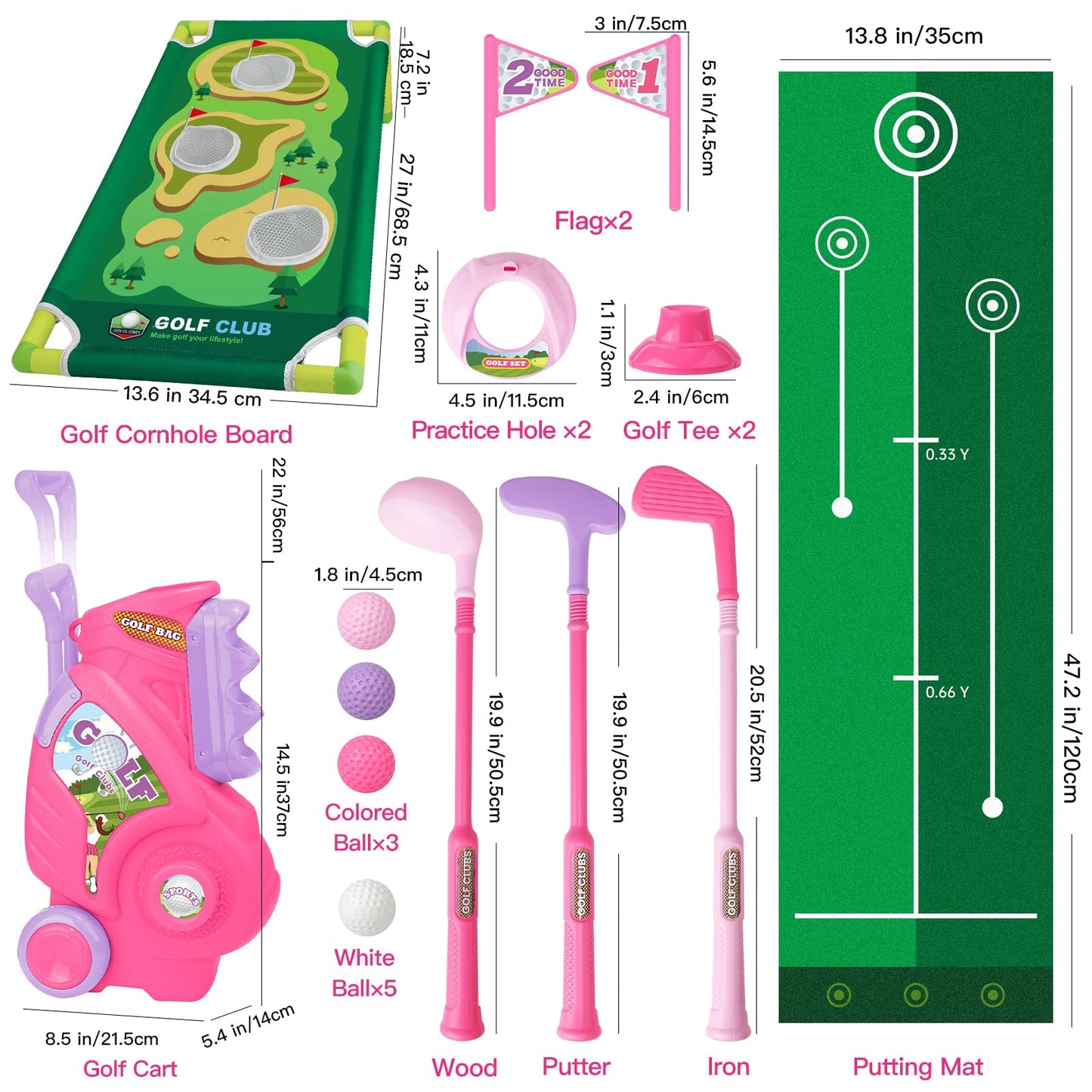 Jovizo Toddler Golf Set for Boys Girls 1 2 3 4 Years Old, Upgraded Kids Golf Cart with Putting Mat & Cornhole Board, Outdoor Indoor Sports Toys, Pink